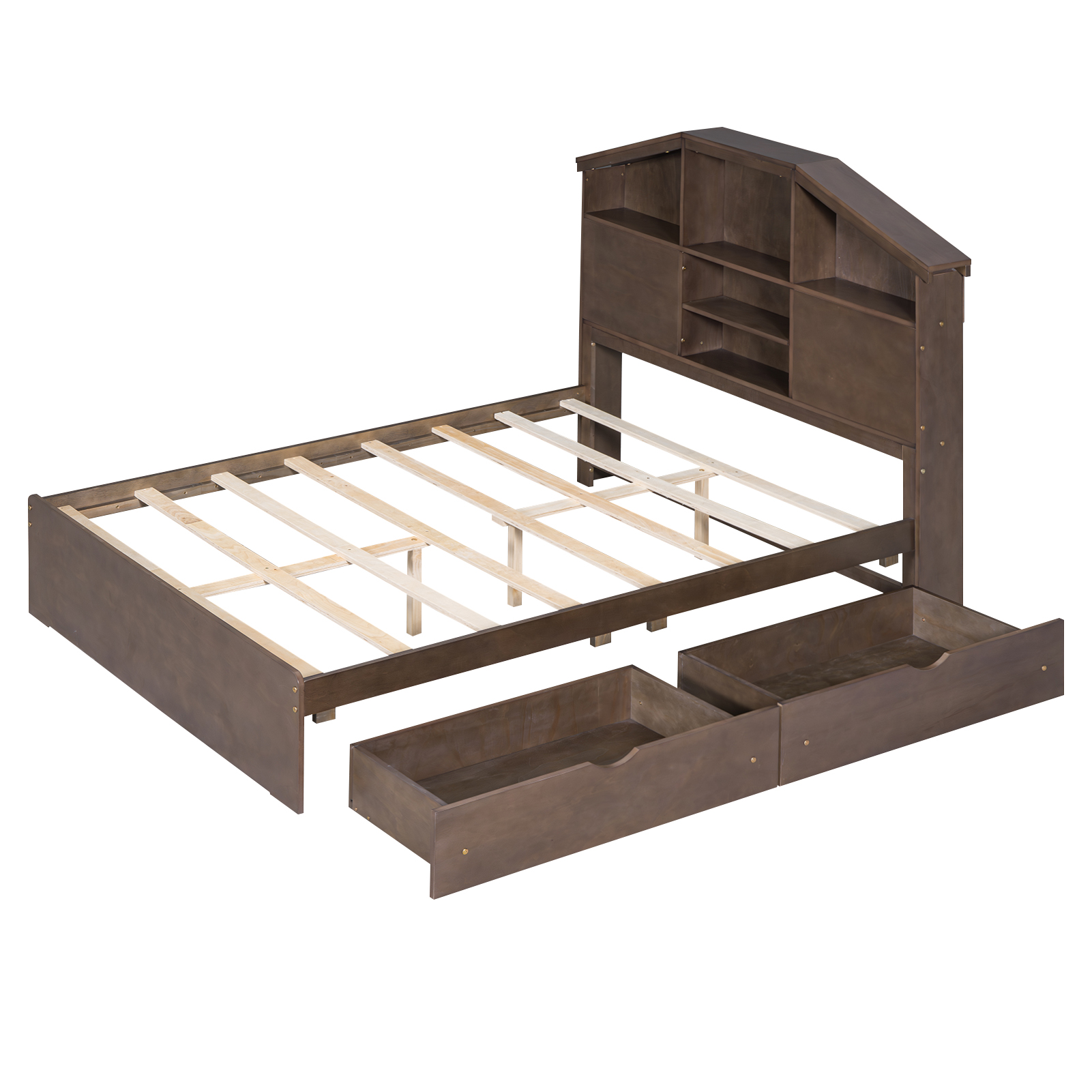 Full Size Wood Platform Bed with House-shaped Storage Headboard and 2 Drawers, Walnut/Gray