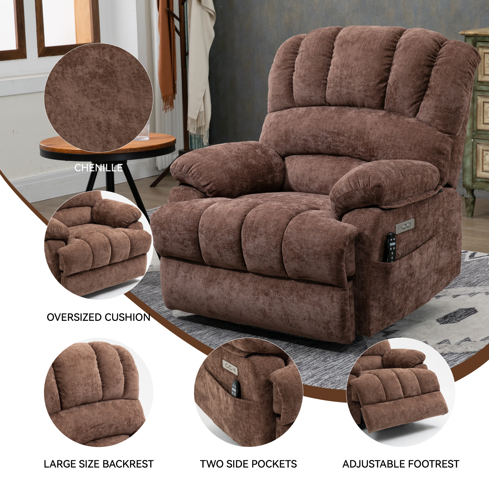 23" Seat Width and High Back Large Size Chenille Power Lift Recliner Chair with 8-Point Vibration Massage and Lumbar Heating, Brown/Beige/Blue