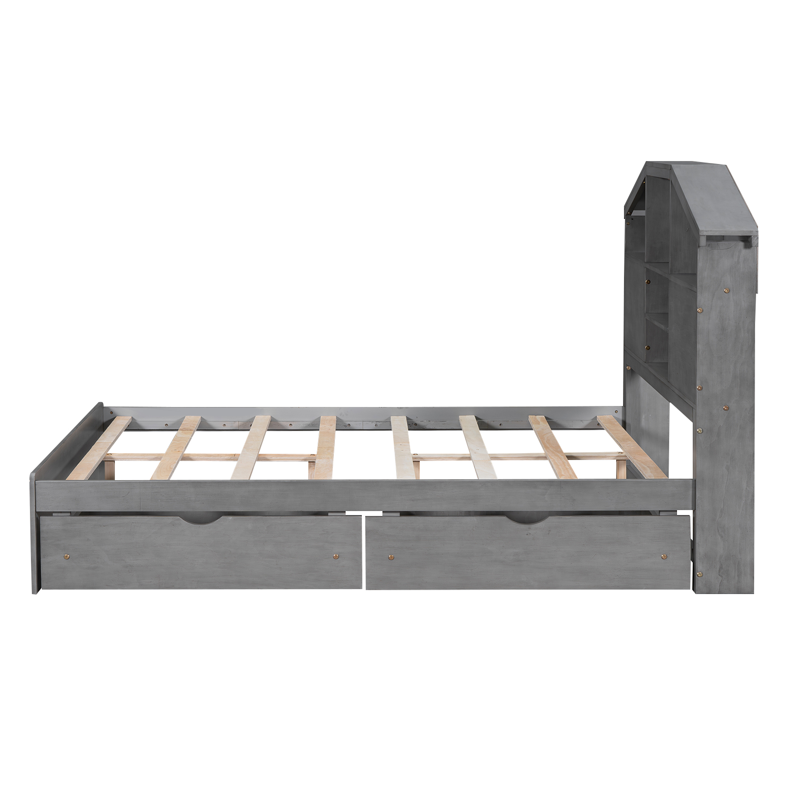 Full Size Wood Platform Bed with House-shaped Storage Headboard and 2 Drawers, Walnut/Gray