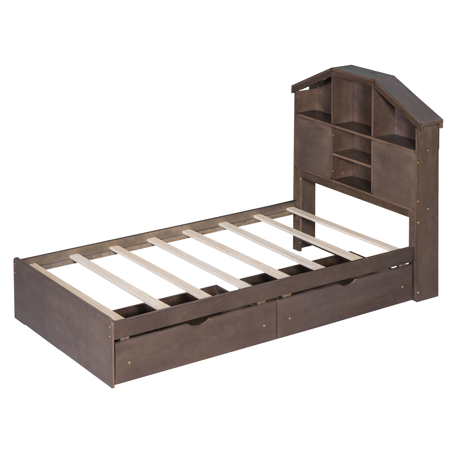 Twin Size Wood Platform Bed with House-shaped Storage Headboard and 2 Drawers, Walnut/Gray