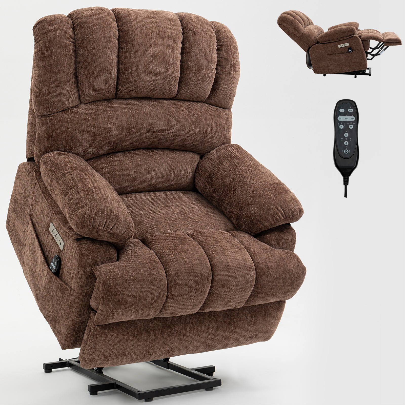 23" Seat Width and High Back Large Size Chenille Power Lift Recliner Chair with 8-Point Vibration Massage and Lumbar Heating, Brown/Beige/Blue