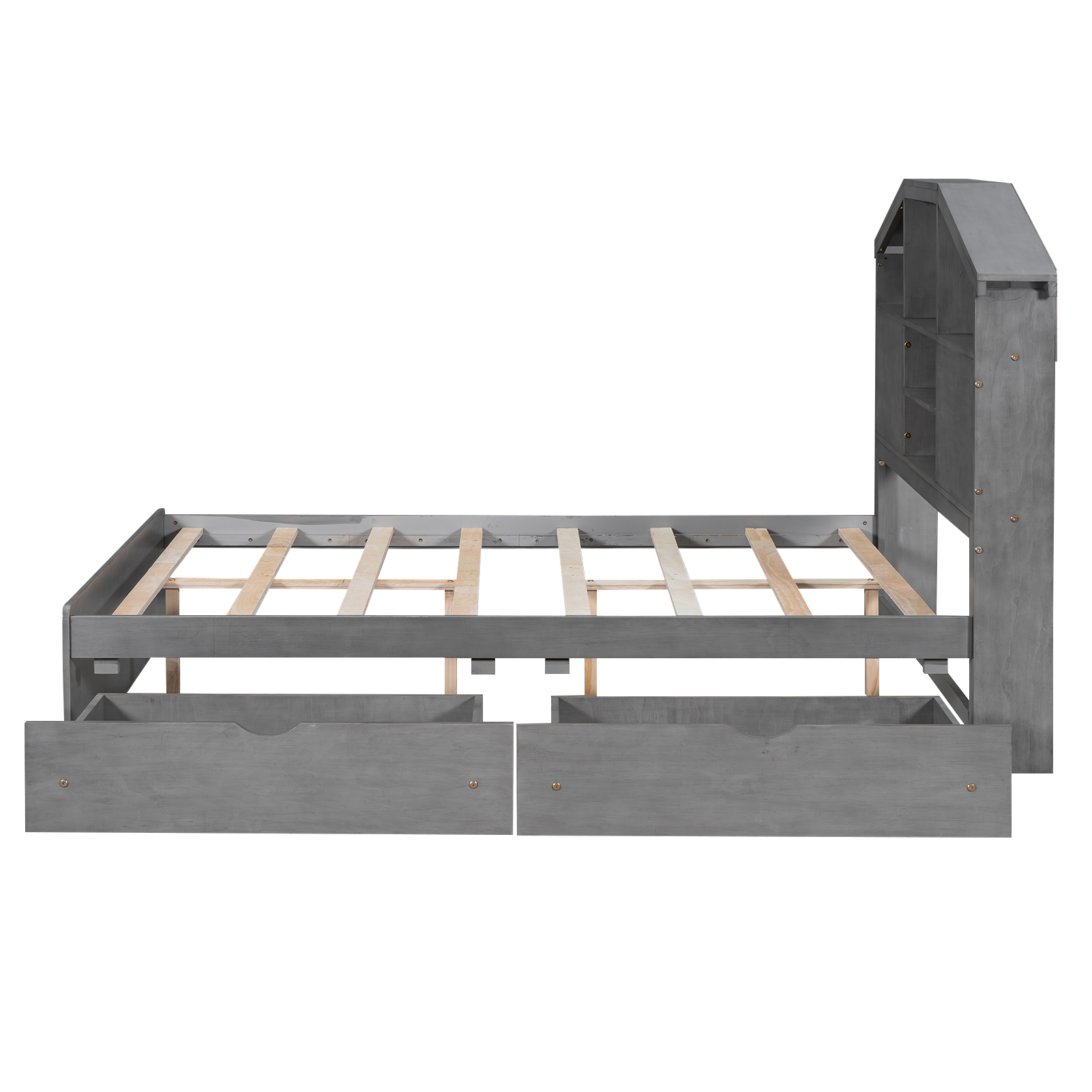 Full Size Wood Platform Bed with House-shaped Storage Headboard and 2 Drawers, Walnut/Gray
