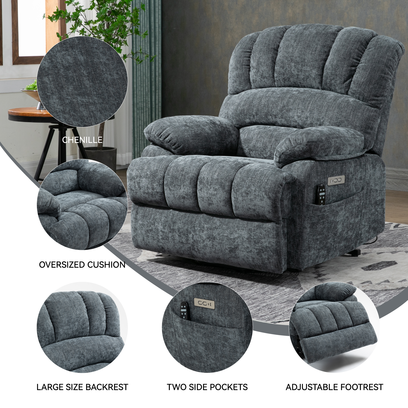 23" Seat Width and High Back Large Size Chenille Power Lift Recliner Chair with 8-Point Vibration Massage and Lumbar Heating, Brown/Beige/Blue