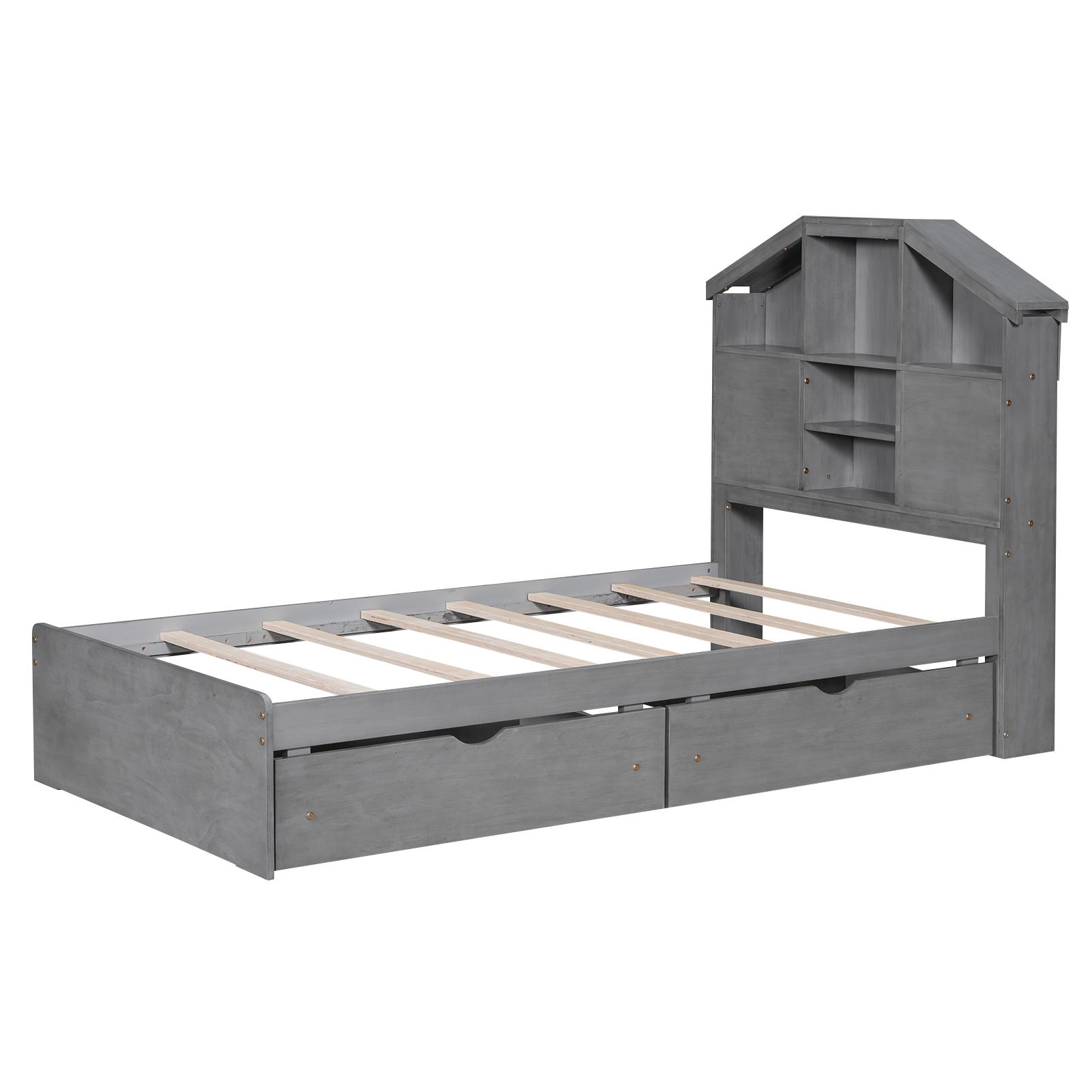 Twin Size Wood Platform Bed with House-shaped Storage Headboard and 2 Drawers, Walnut/Gray