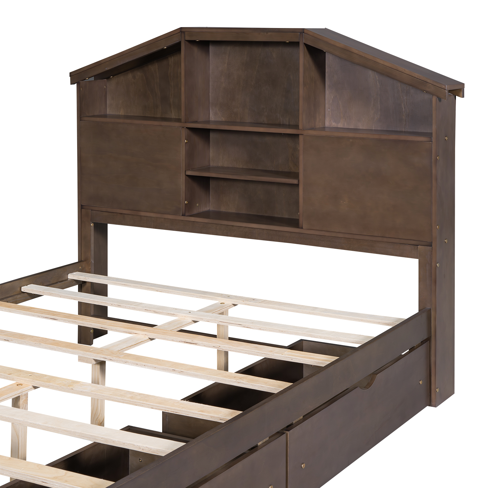 Full Size Wood Platform Bed with House-shaped Storage Headboard and 2 Drawers, Walnut/Gray