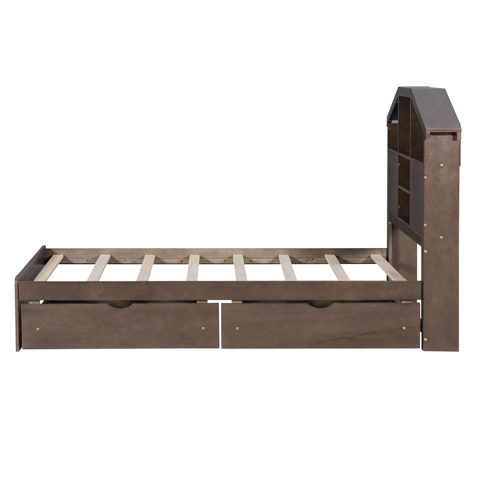 Twin Size Wood Platform Bed with House-shaped Storage Headboard and 2 Drawers, Walnut/Gray