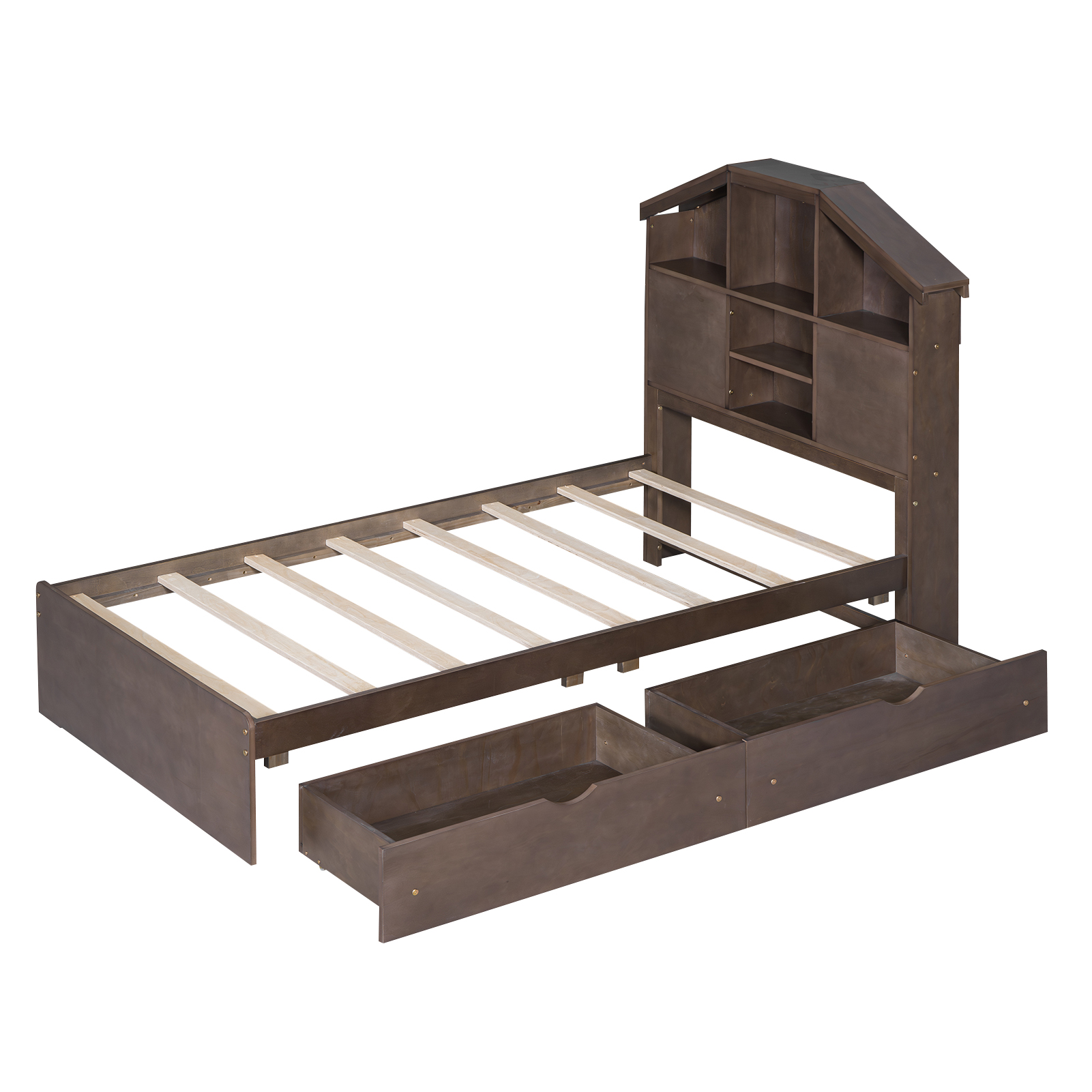 Twin Size Wood Platform Bed with House-shaped Storage Headboard and 2 Drawers, Walnut/Gray