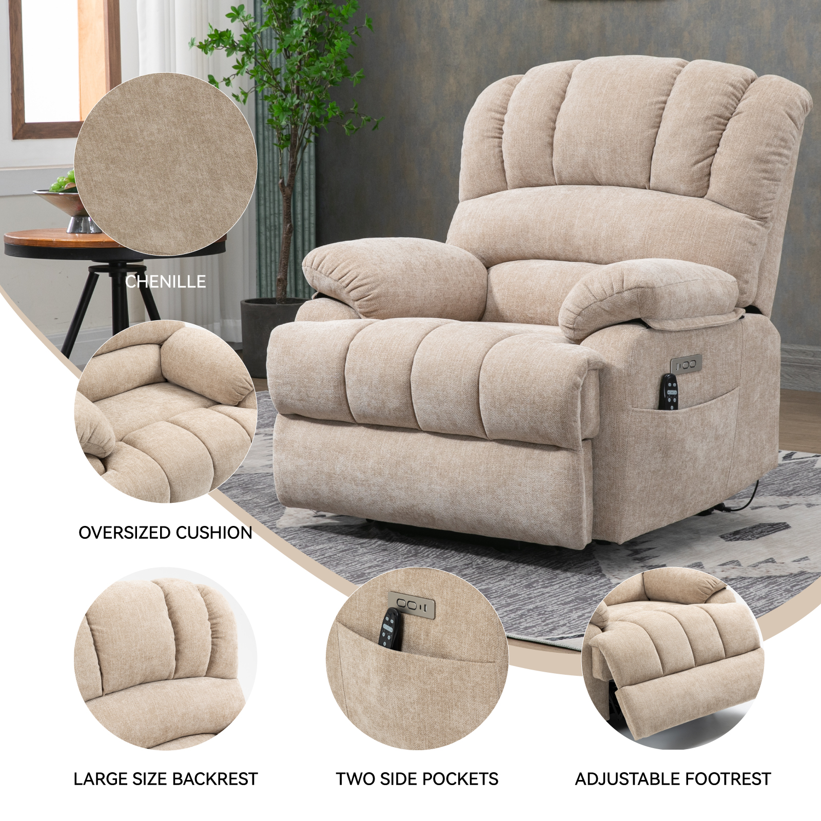 23" Seat Width and High Back Large Size Chenille Power Lift Recliner Chair with 8-Point Vibration Massage and Lumbar Heating, Brown/Beige/Blue