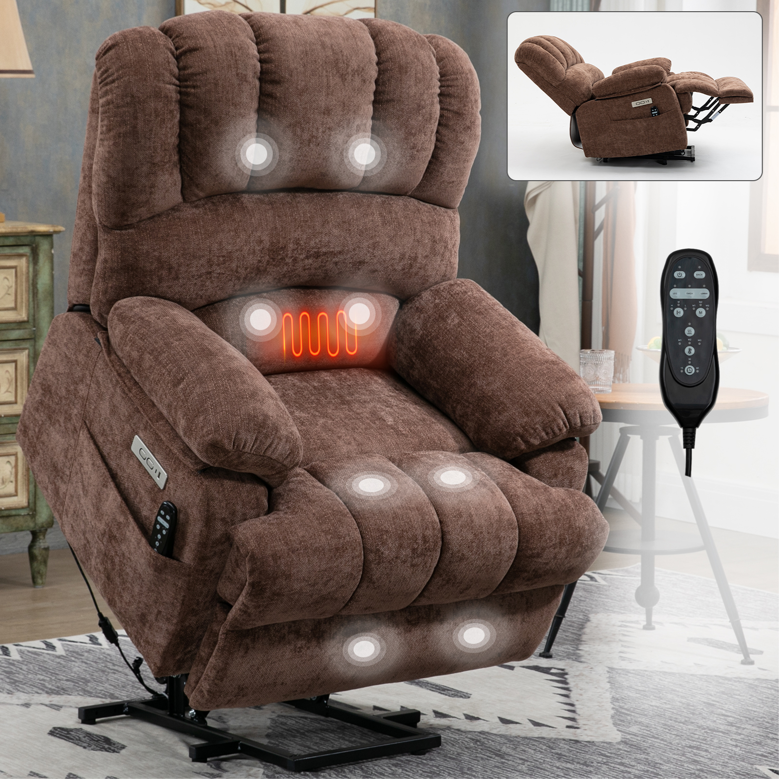 23" Seat Width and High Back Large Size Chenille Power Lift Recliner Chair with 8-Point Vibration Massage and Lumbar Heating, Brown/Beige/Blue