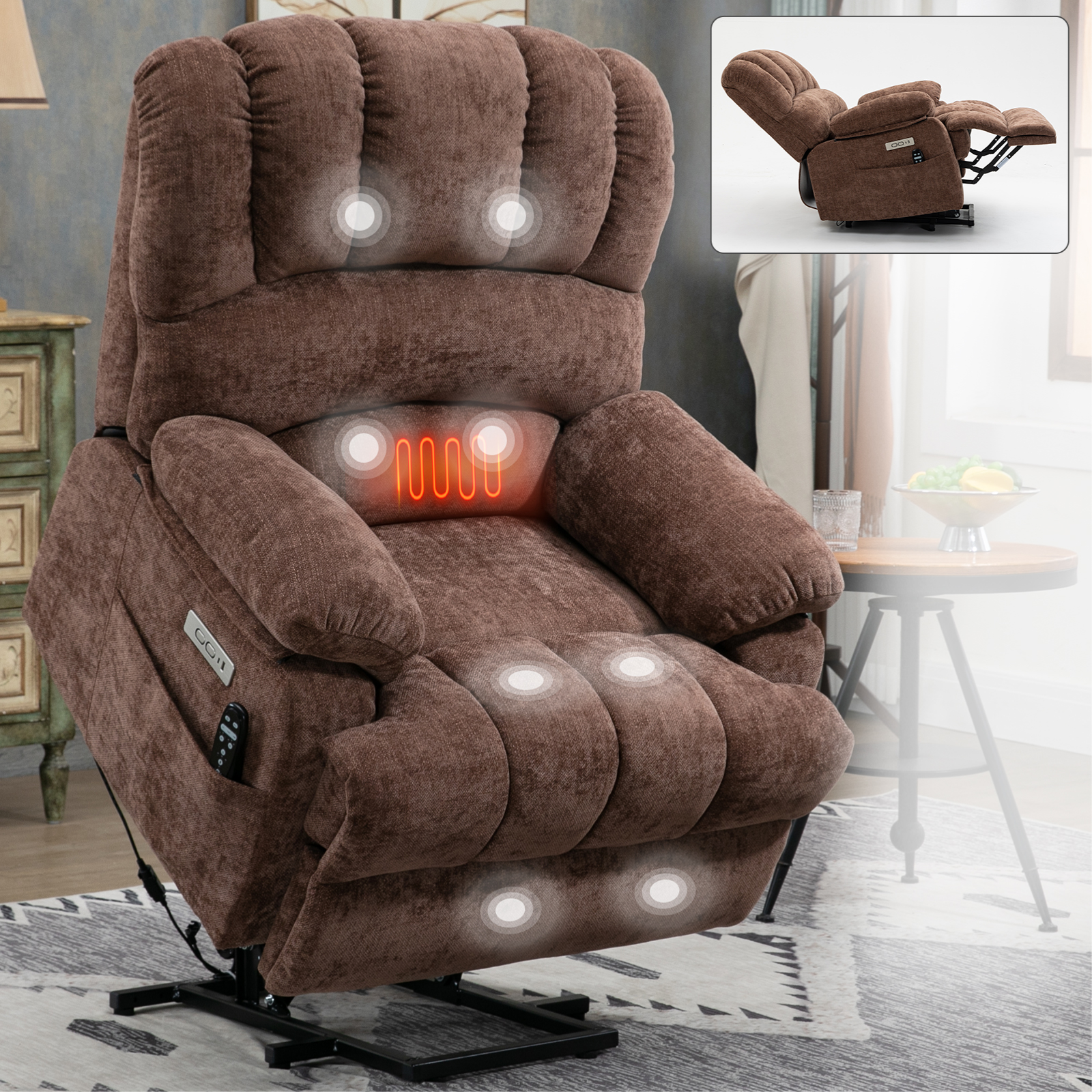 23" Seat Width and High Back Large Size Chenille Power Lift Recliner Chair with 8-Point Vibration Massage and Lumbar Heating, Brown/Beige/Blue