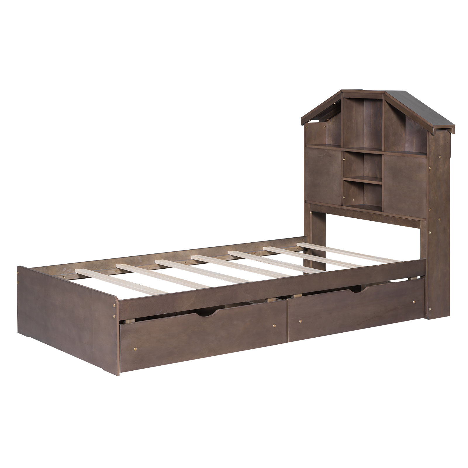 Twin Size Wood Platform Bed with House-shaped Storage Headboard and 2 Drawers, Walnut/Gray