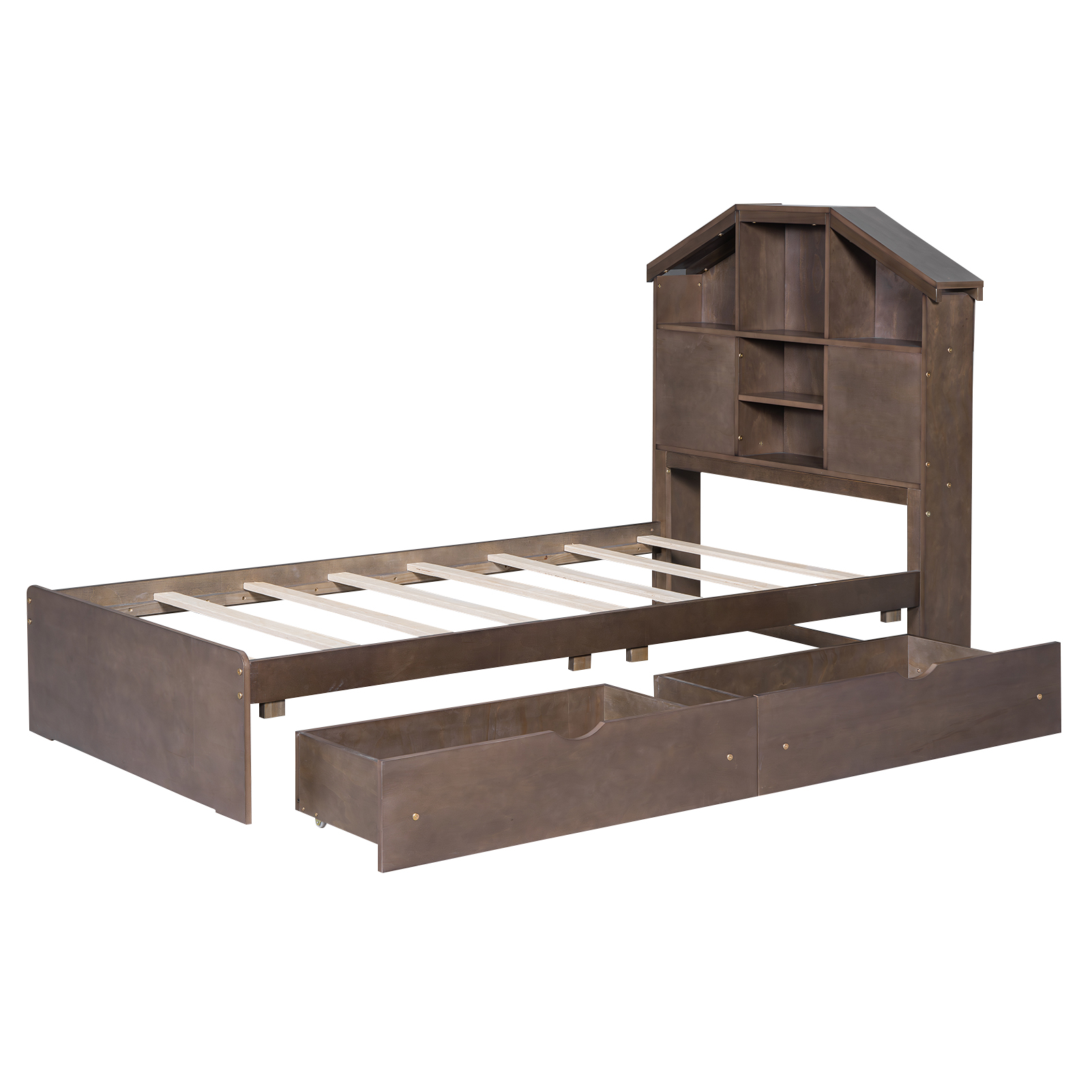 Twin Size Wood Platform Bed with House-shaped Storage Headboard and 2 Drawers, Walnut/Gray