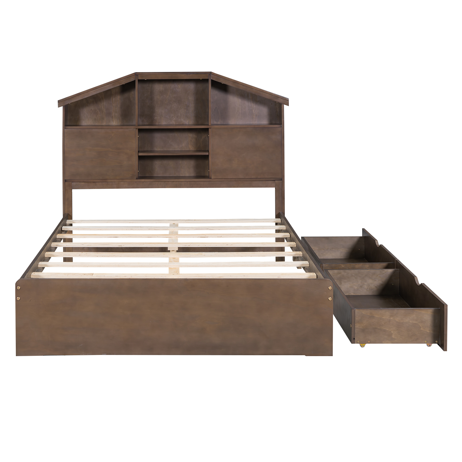 Full Size Wood Platform Bed with House-shaped Storage Headboard and 2 Drawers, Walnut/Gray