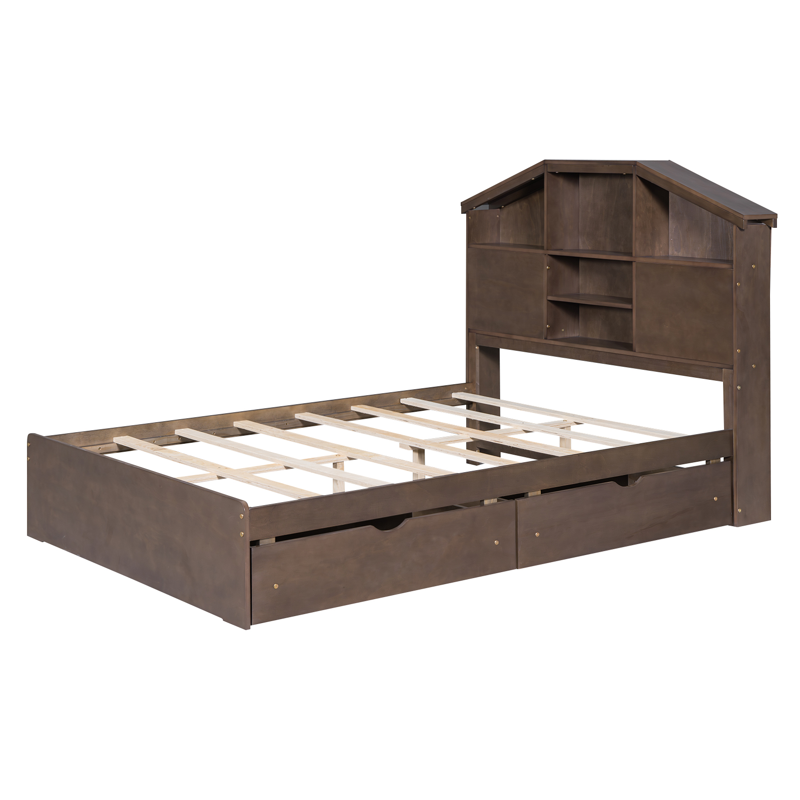 Full Size Wood Platform Bed with House-shaped Storage Headboard and 2 Drawers, Walnut/Gray