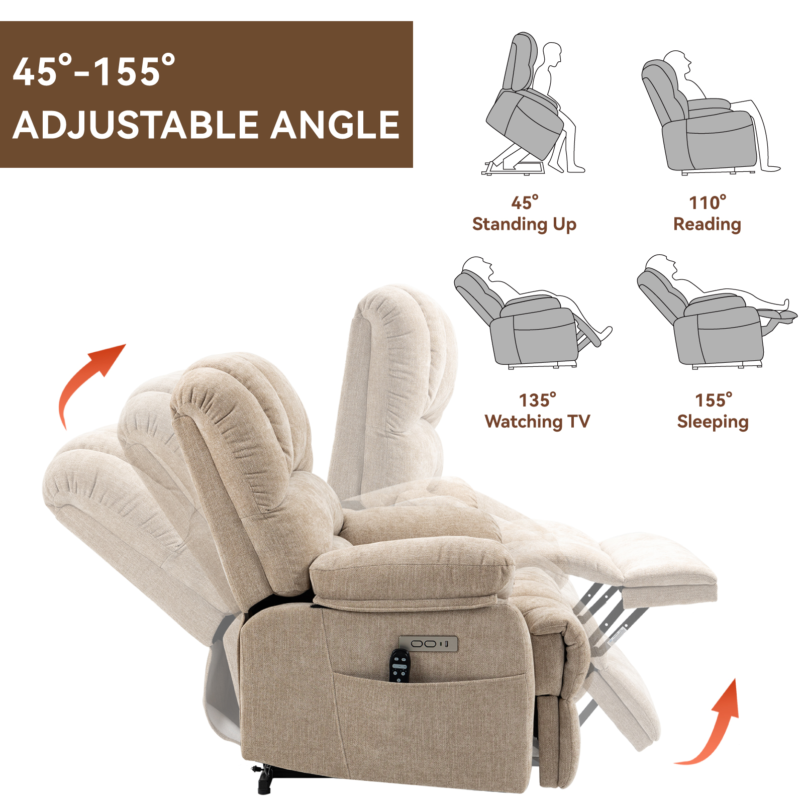 23" Seat Width and High Back Large Size Chenille Power Lift Recliner Chair with 8-Point Vibration Massage and Lumbar Heating, Brown/Beige/Blue