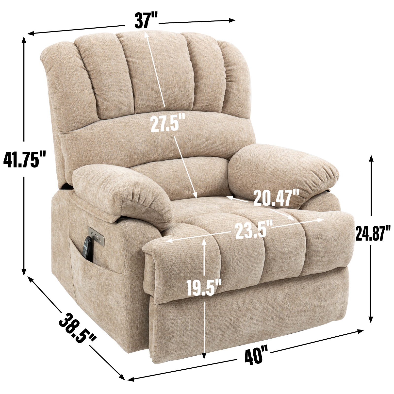 23" Seat Width and High Back Large Size Chenille Power Lift Recliner Chair with 8-Point Vibration Massage and Lumbar Heating, Brown/Beige/Blue