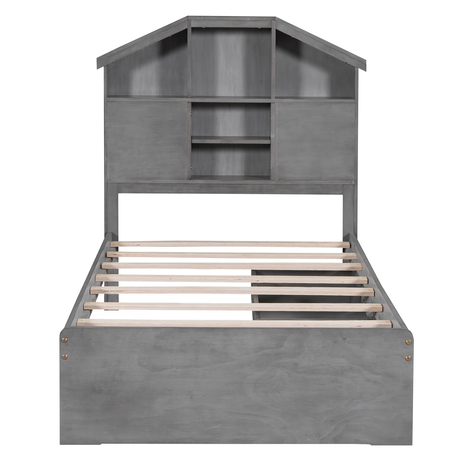Twin Size Wood Platform Bed with House-shaped Storage Headboard and 2 Drawers, Walnut/Gray