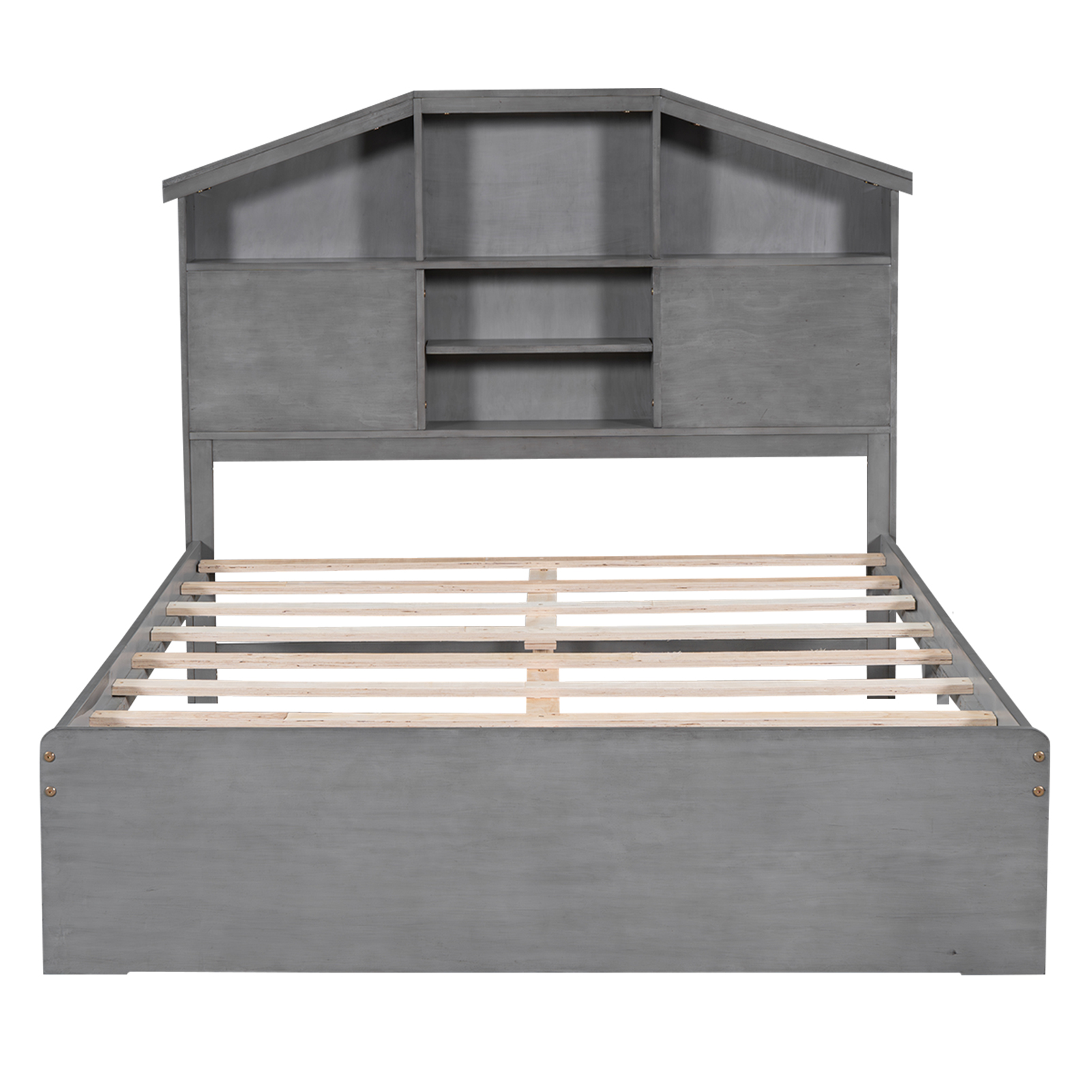 Full Size Wood Platform Bed with House-shaped Storage Headboard and 2 Drawers, Walnut/Gray