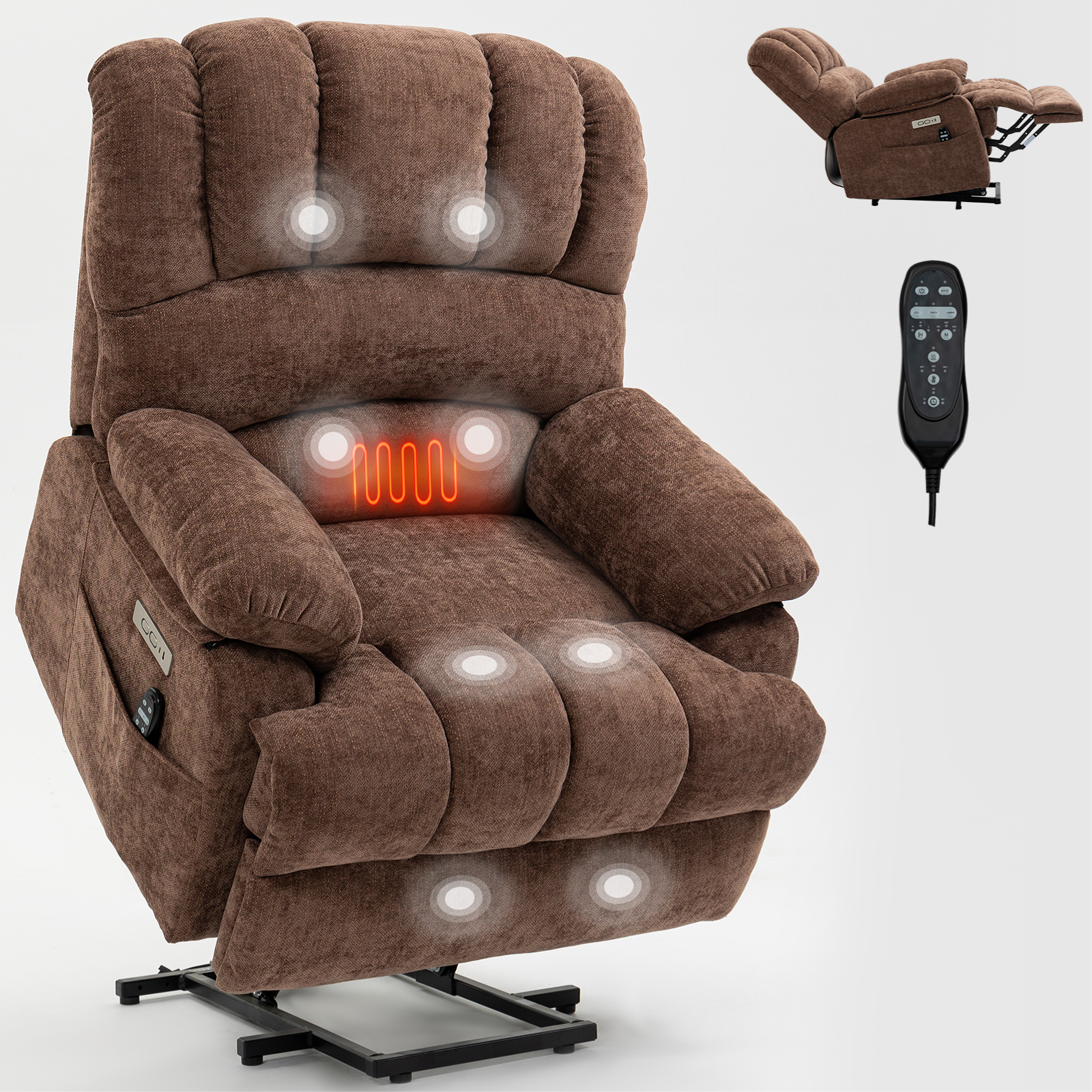 23" Seat Width and High Back Large Size Chenille Power Lift Recliner Chair with 8-Point Vibration Massage and Lumbar Heating, Brown/Beige/Blue