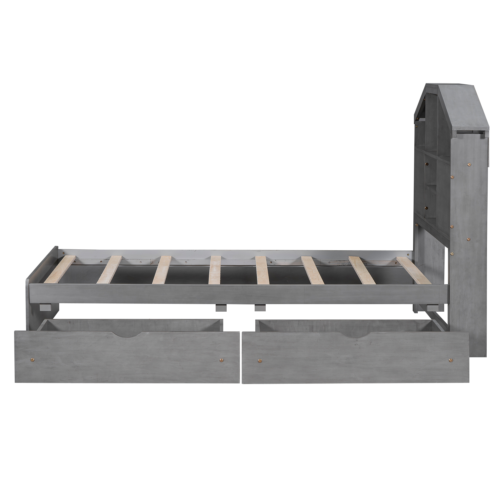 Twin Size Wood Platform Bed with House-shaped Storage Headboard and 2 Drawers, Walnut/Gray