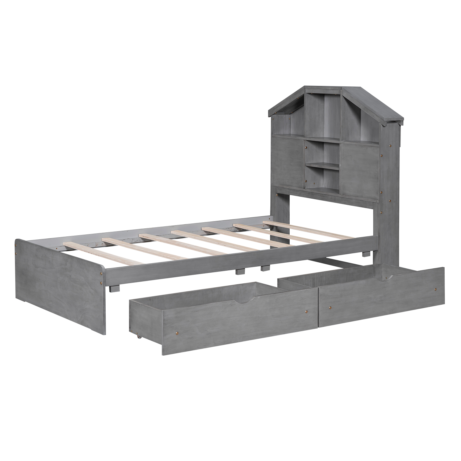 Twin Size Wood Platform Bed with House-shaped Storage Headboard and 2 Drawers, Walnut/Gray