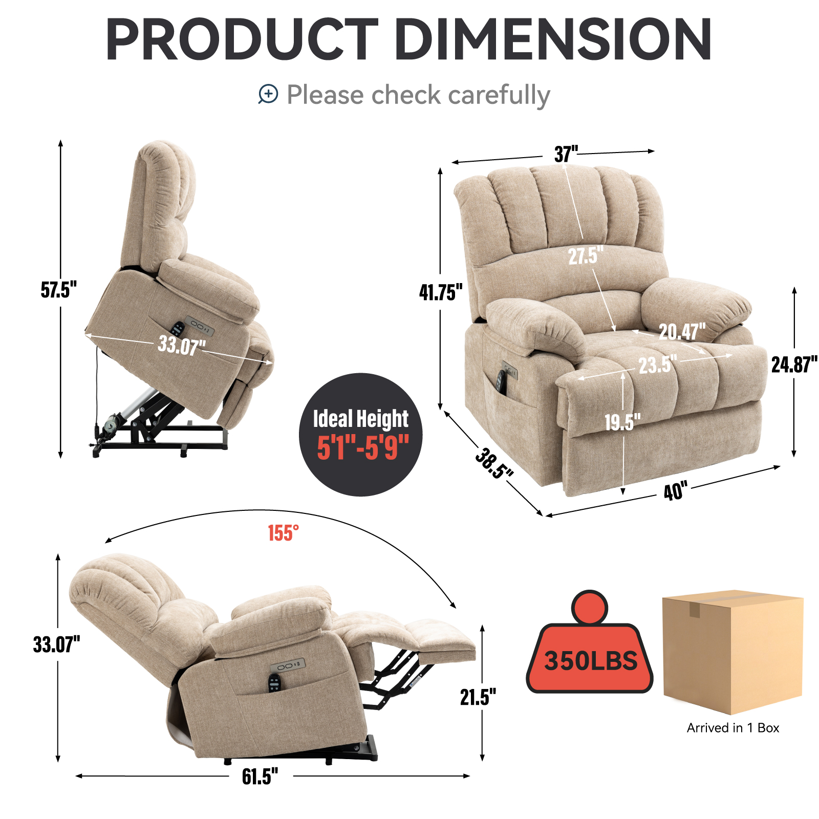 23" Seat Width and High Back Large Size Chenille Power Lift Recliner Chair with 8-Point Vibration Massage and Lumbar Heating, Brown/Beige/Blue