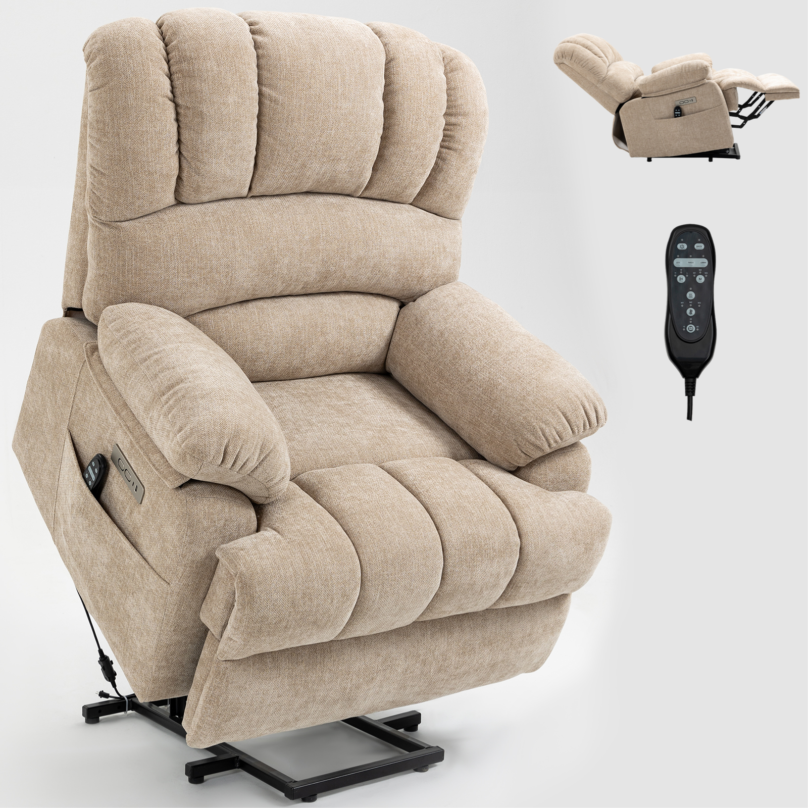 23" Seat Width and High Back Large Size Chenille Power Lift Recliner Chair with 8-Point Vibration Massage and Lumbar Heating, Brown/Beige/Blue