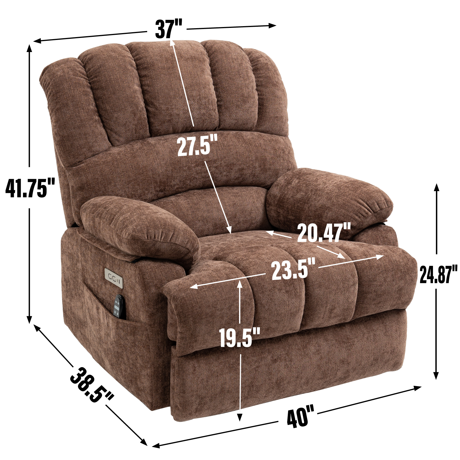 23" Seat Width and High Back Large Size Chenille Power Lift Recliner Chair with 8-Point Vibration Massage and Lumbar Heating, Brown/Beige/Blue