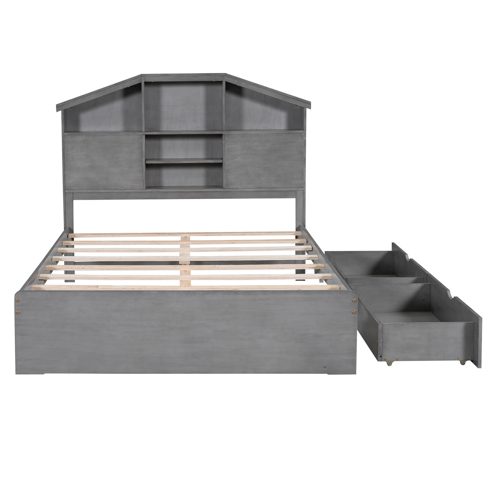 Full Size Wood Platform Bed with House-shaped Storage Headboard and 2 Drawers, Walnut/Gray