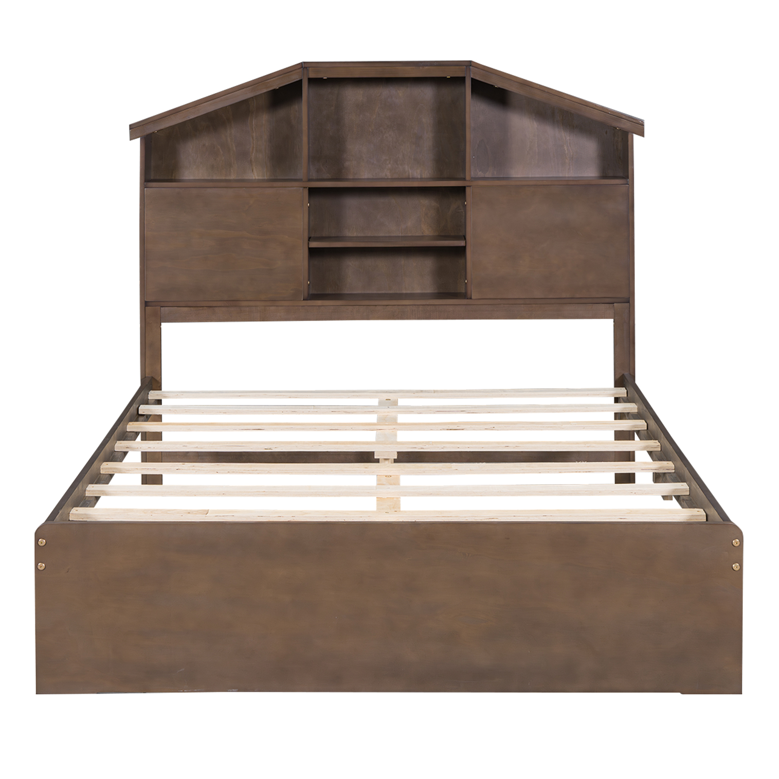 Full Size Wood Platform Bed with House-shaped Storage Headboard and 2 Drawers, Walnut/Gray