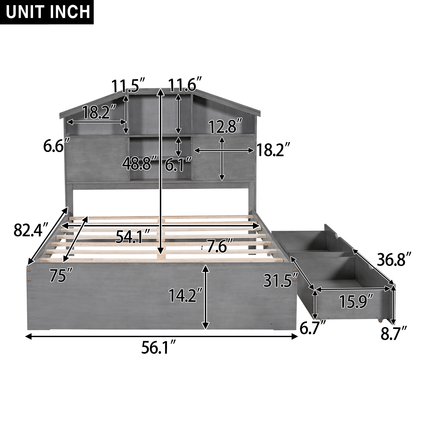 Full Size Wood Platform Bed with House-shaped Storage Headboard and 2 Drawers, Walnut/Gray