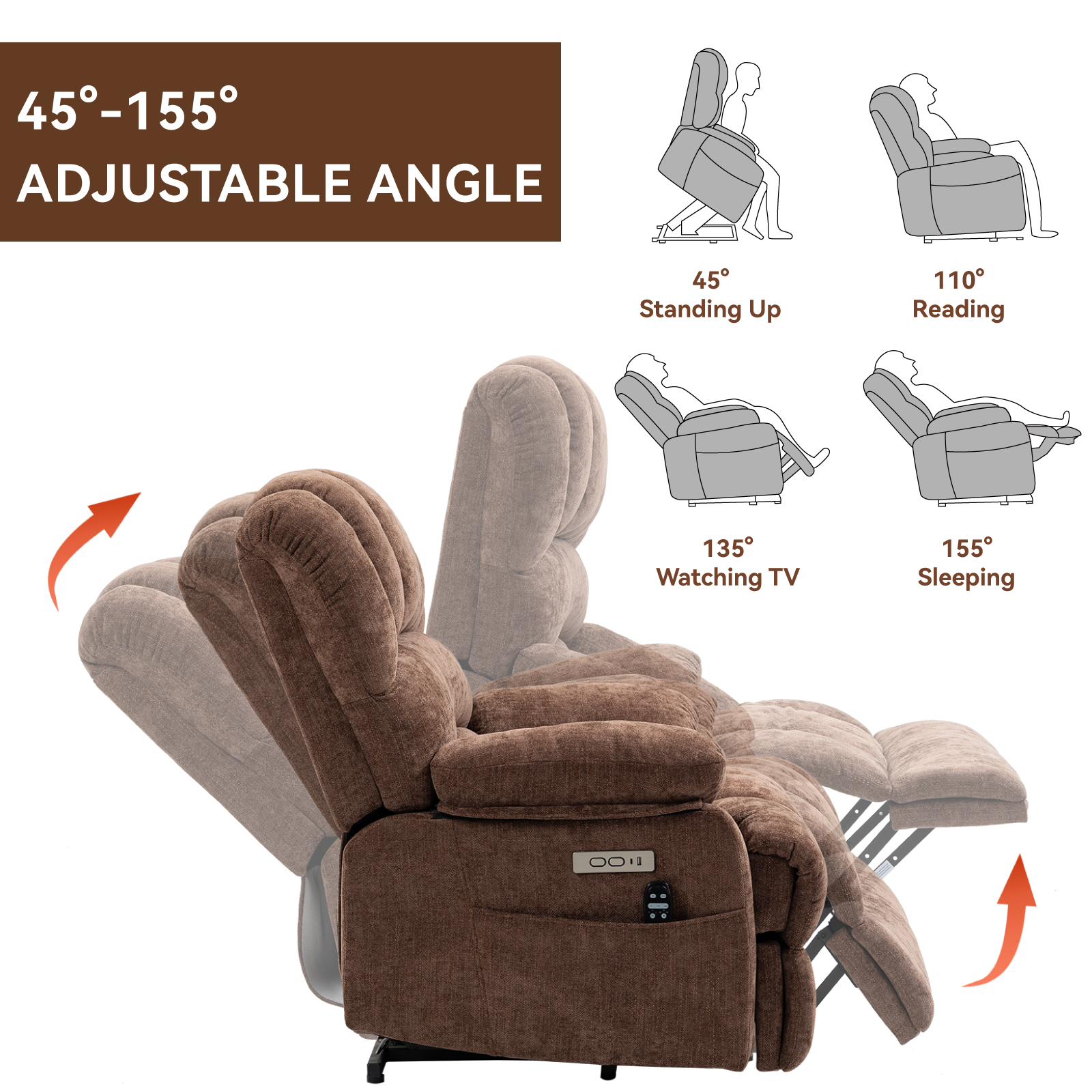 23" Seat Width and High Back Large Size Chenille Power Lift Recliner Chair with 8-Point Vibration Massage and Lumbar Heating, Brown/Beige/Blue