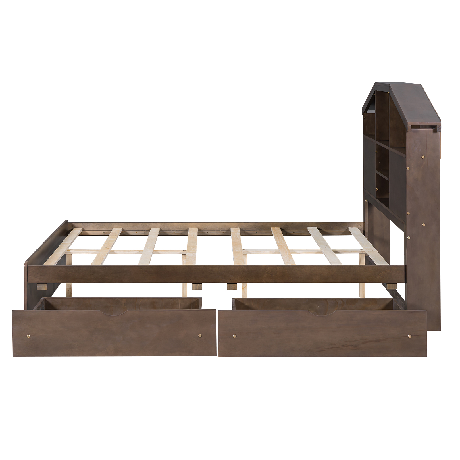 Full Size Wood Platform Bed with House-shaped Storage Headboard and 2 Drawers, Walnut/Gray