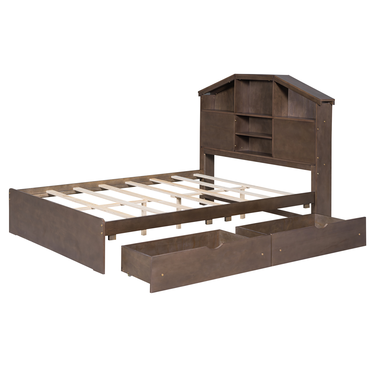 Full Size Wood Platform Bed with House-shaped Storage Headboard and 2 Drawers, Walnut/Gray