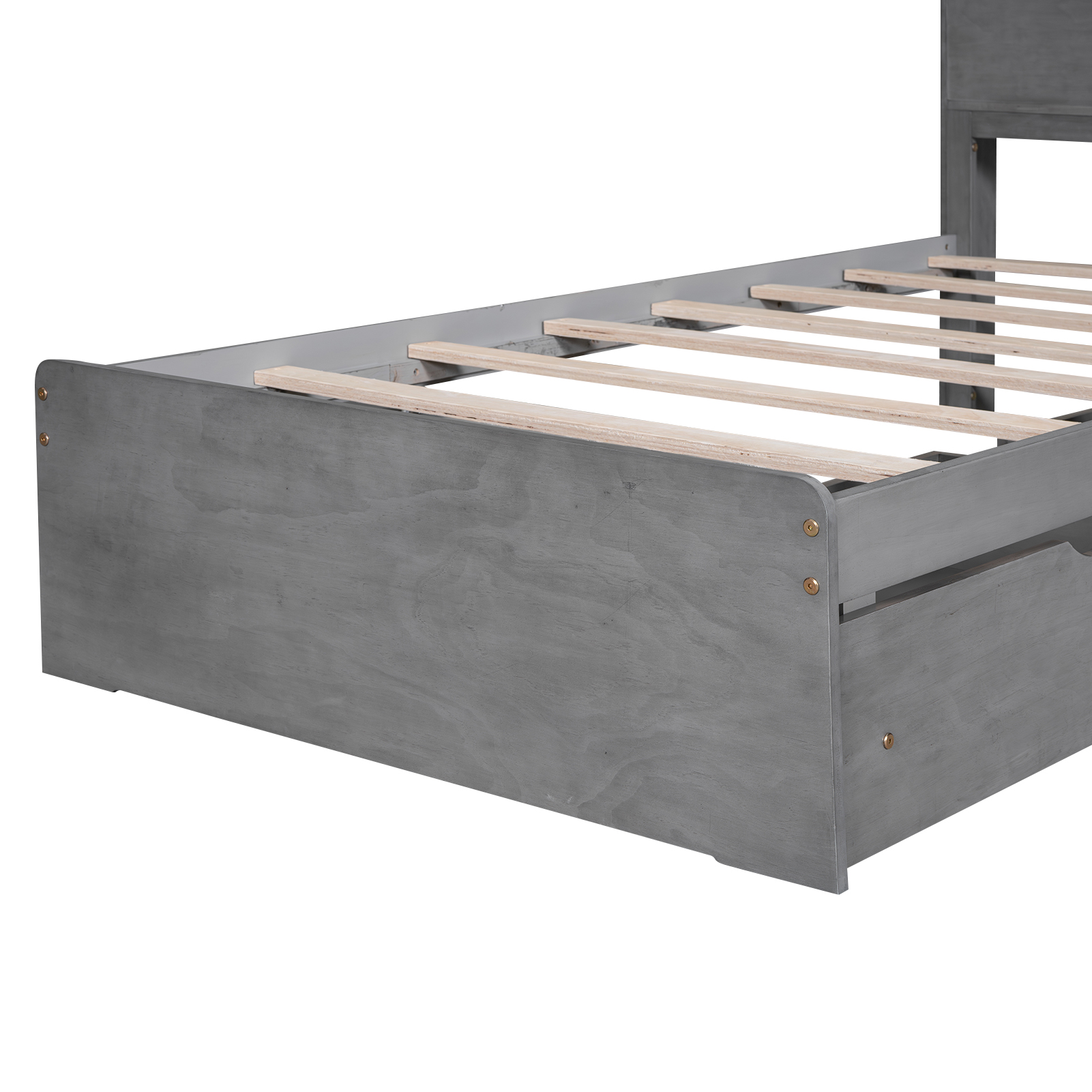 Twin Size Wood Platform Bed with House-shaped Storage Headboard and 2 Drawers, Walnut/Gray