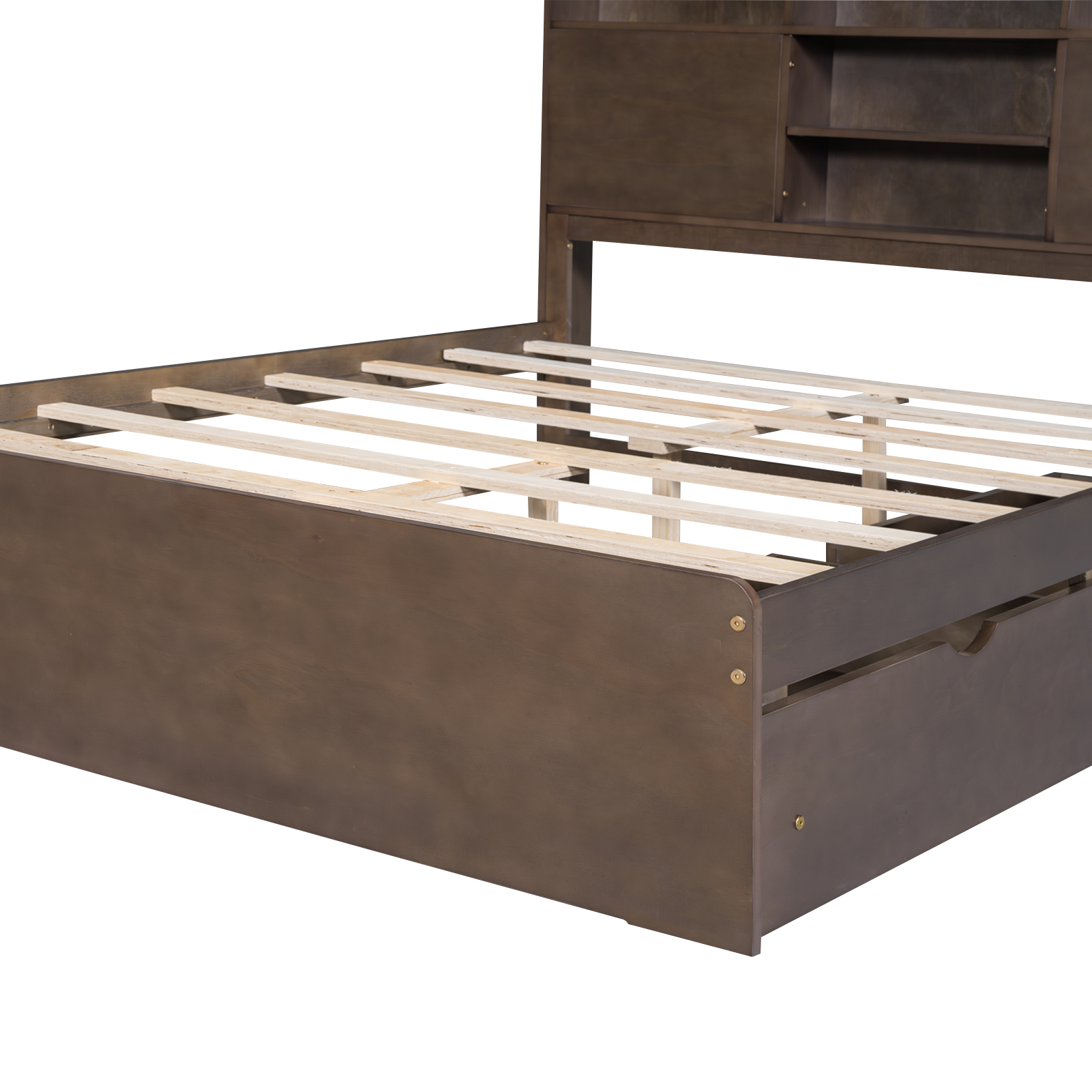 Full Size Wood Platform Bed with House-shaped Storage Headboard and 2 Drawers, Walnut/Gray