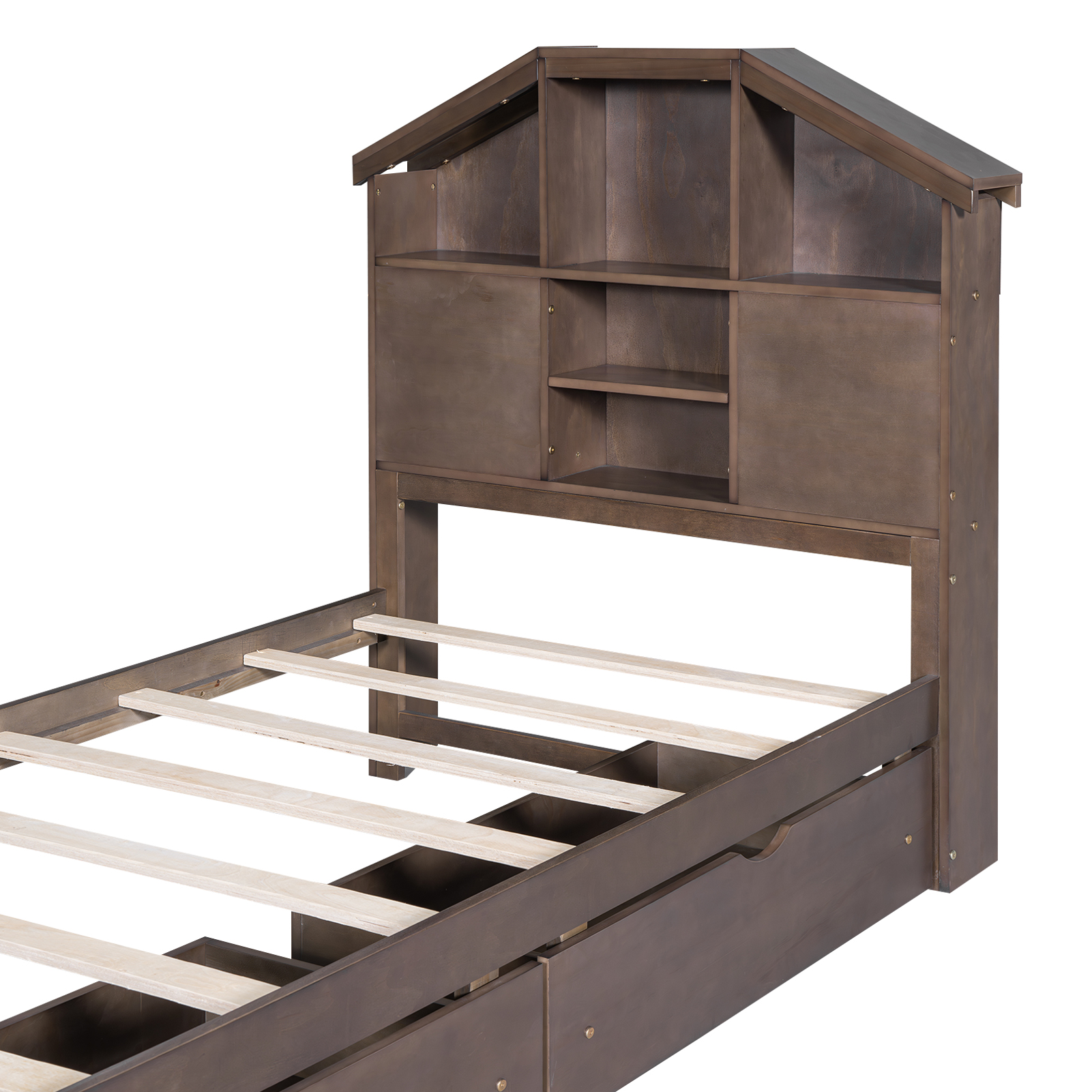 Twin Size Wood Platform Bed with House-shaped Storage Headboard and 2 Drawers, Walnut/Gray