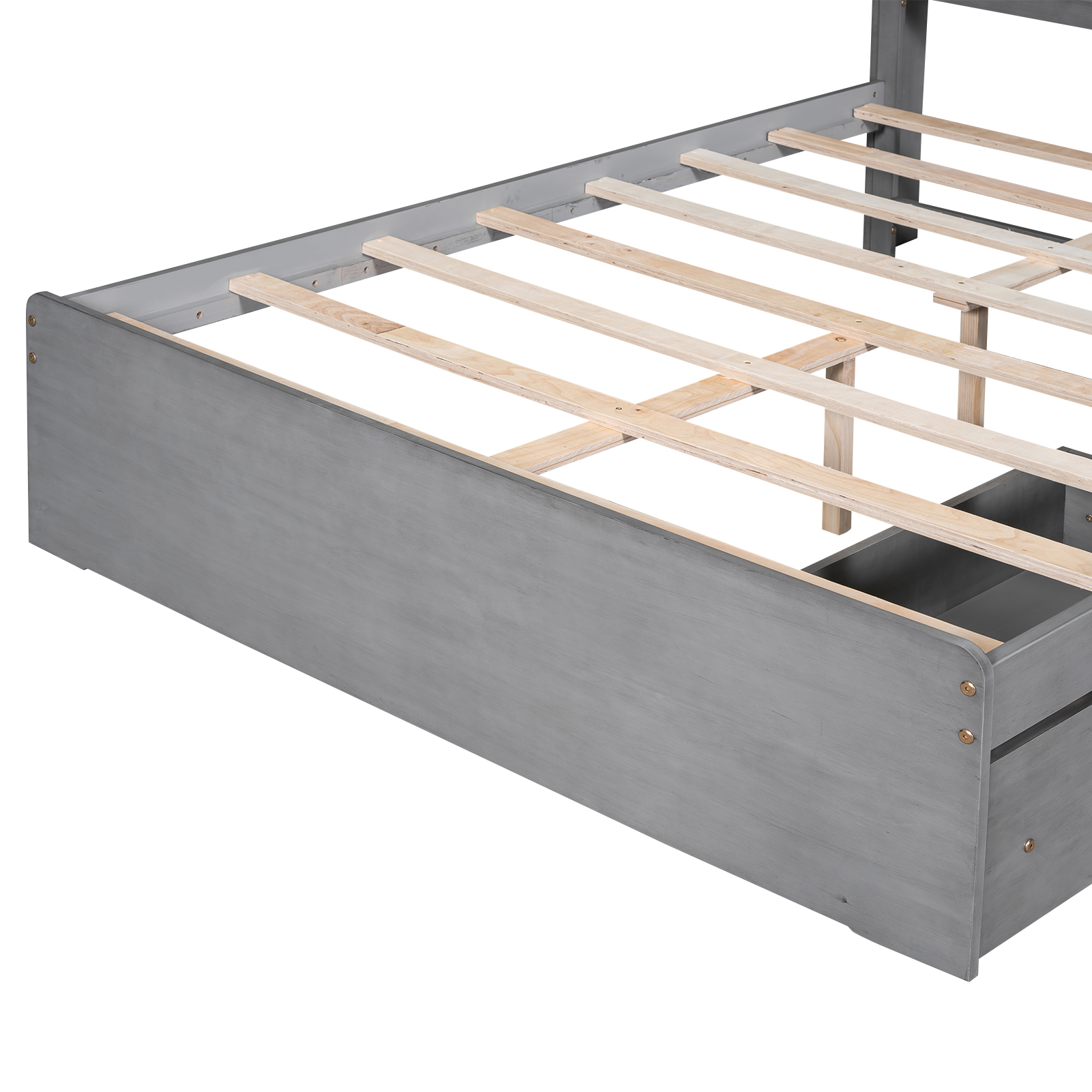 Full Size Wood Platform Bed with House-shaped Storage Headboard and 2 Drawers, Walnut/Gray