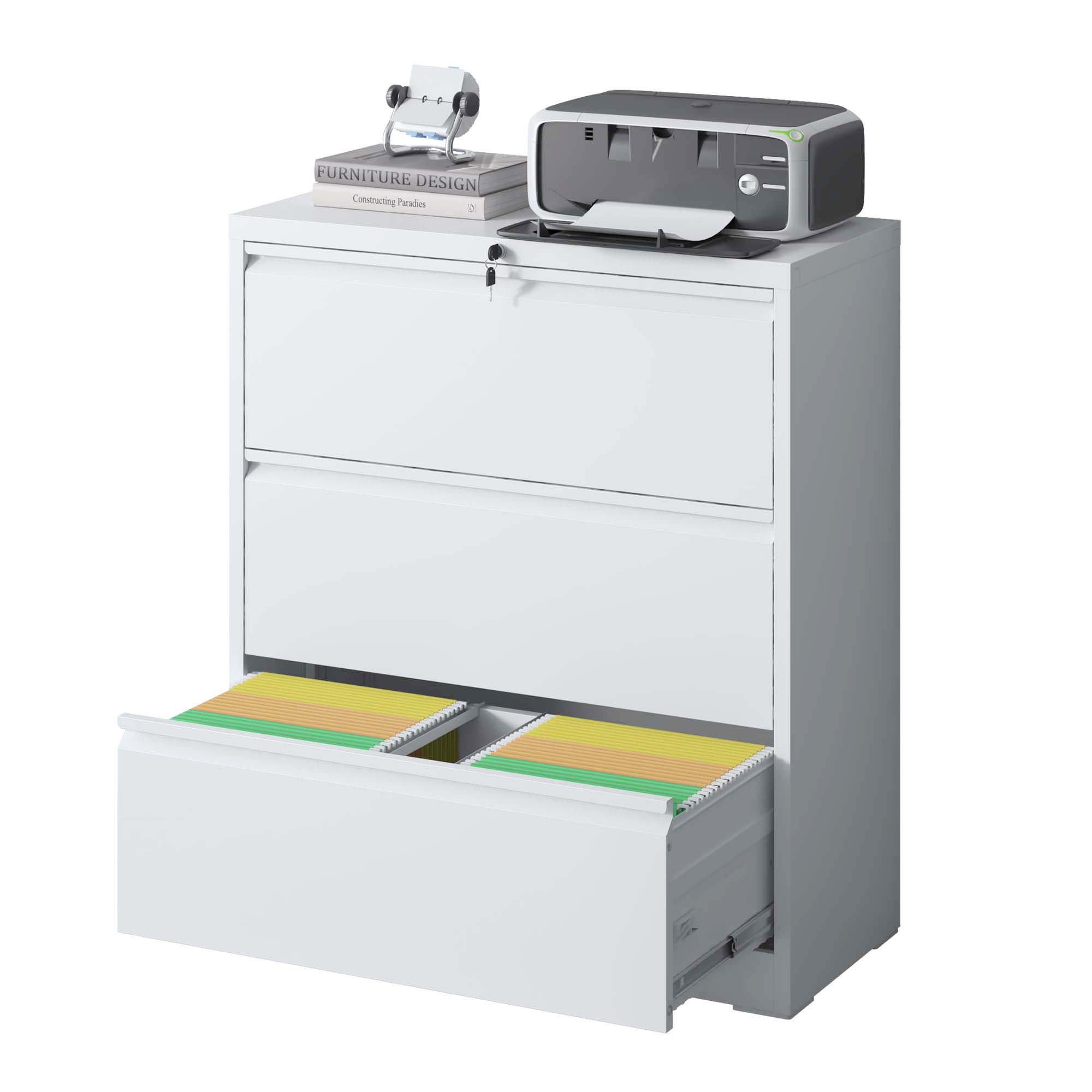 Lateral File Cabinet 3 Drawer, White Filing Cabinet with Lock, Lockable File Cabinet for Home Office, Locking Metal File Cabinet for Legal/Letter/A4/F4 Size