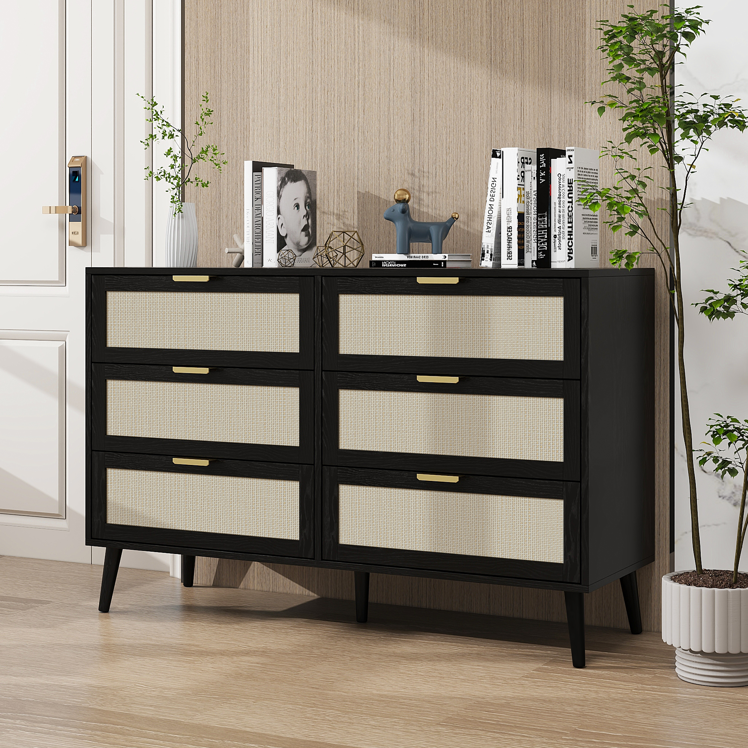 Modern 6 Drawer Dresser Wood Cabinet (Black) 