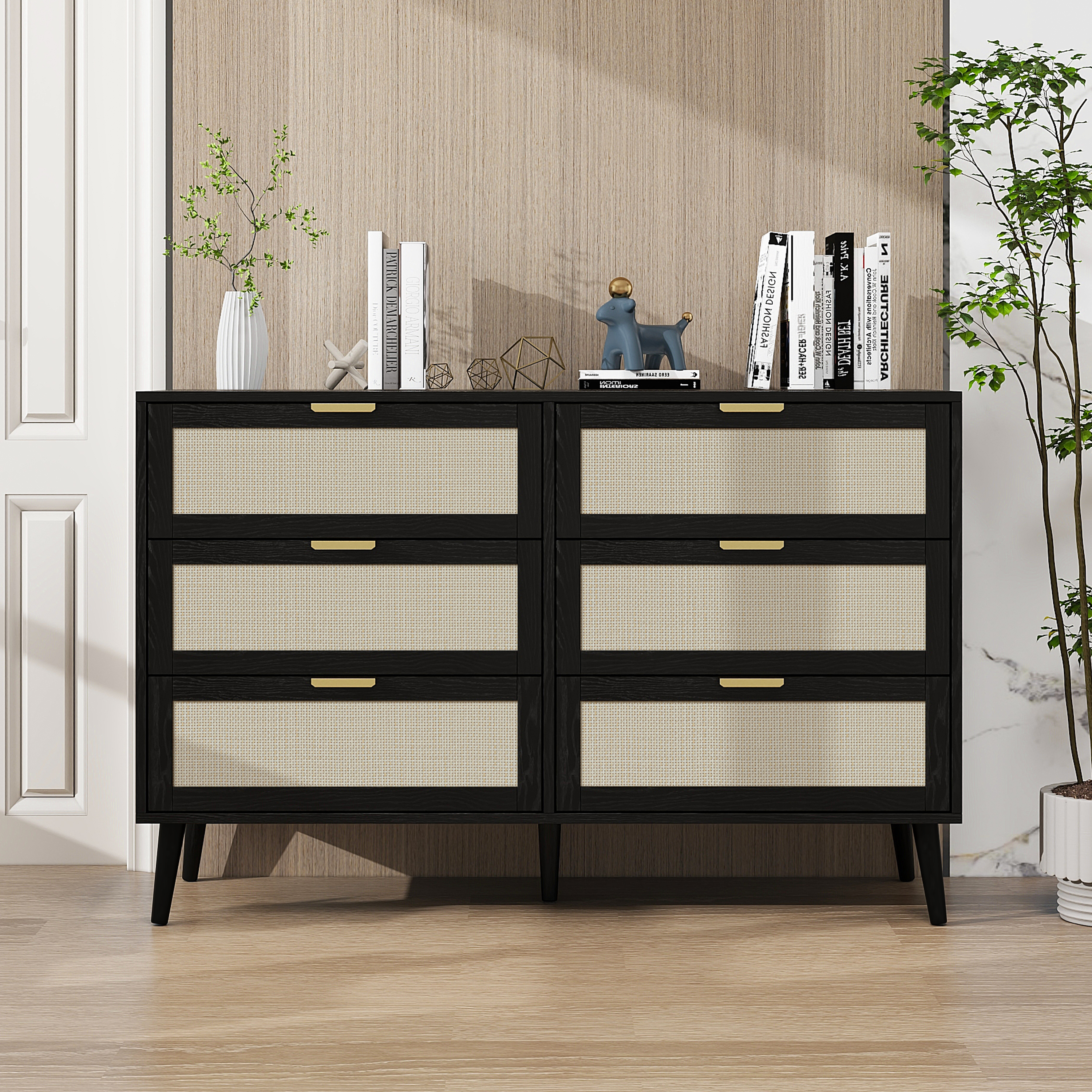 Modern 6 Drawer Dresser Wood Cabinet (Black) 