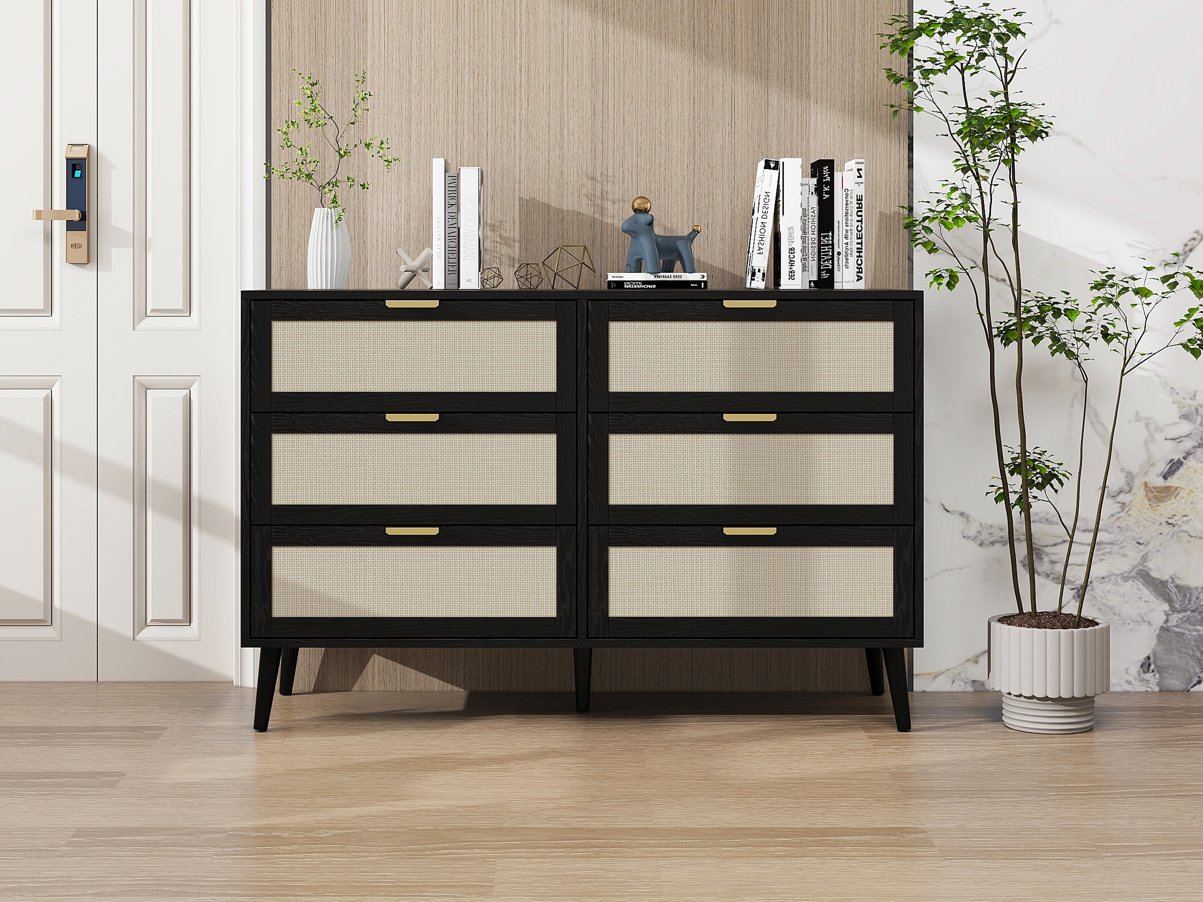 Modern 6 Drawer Dresser Wood Cabinet (Black) 