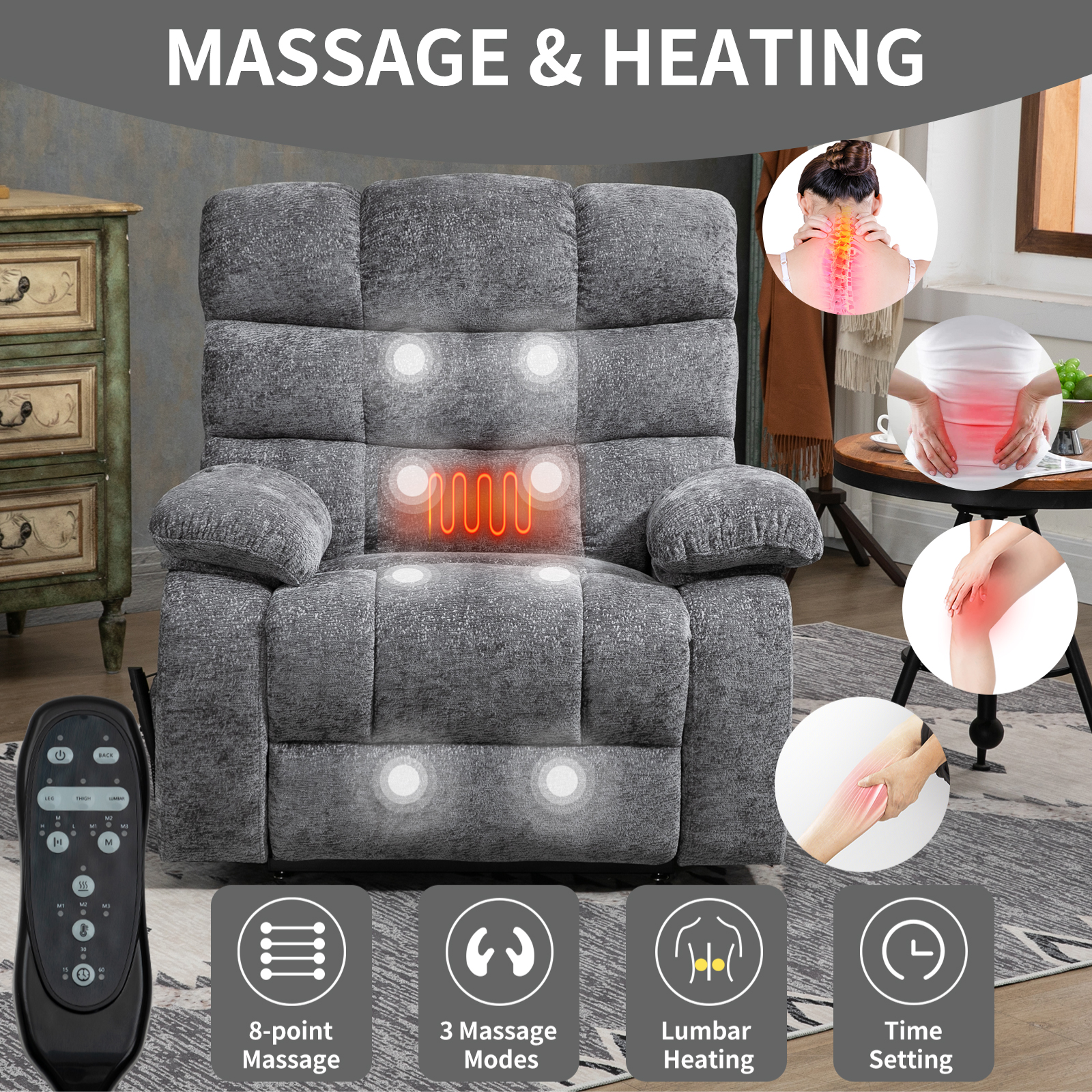 Lift Recliner Chair Heat Massage Dual Motor Infinite Position Up to 350 LBS Large Electric Power Lift Recliners with Power-Remote, Medium-firm and Heavy duty, Blue/Grey