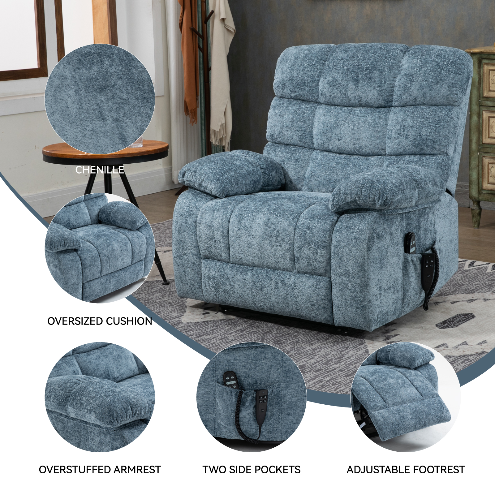 Lift Recliner Chair Heat Massage Dual Motor Infinite Position Up to 350 LBS Large Electric Power Lift Recliners with Power-Remote, Medium-firm and Heavy duty, Blue/Grey