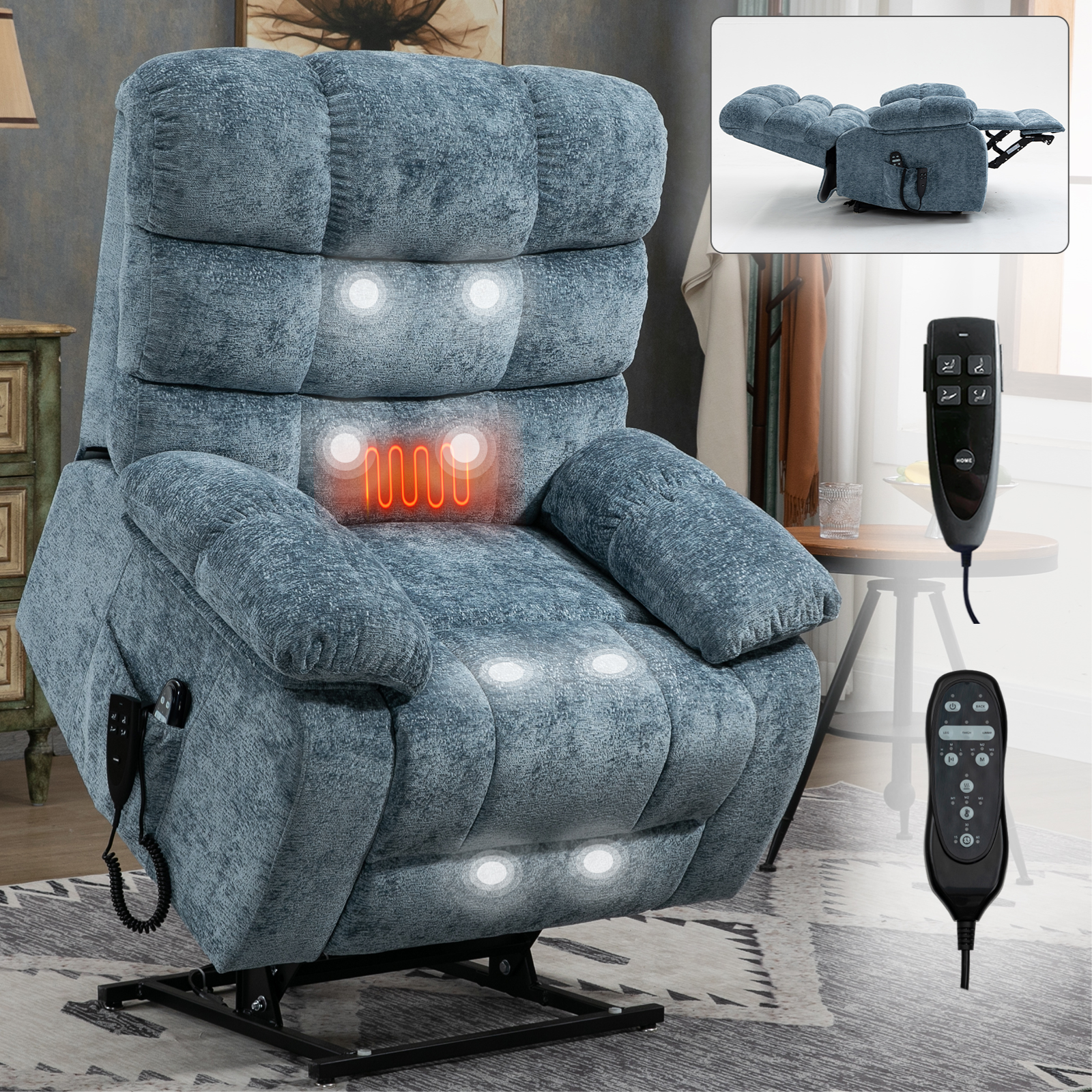 Lift Recliner Chair Heat Massage Dual Motor Infinite Position Up to 350 LBS Large Electric Power Lift Recliners with Power-Remote, Medium-firm and Heavy duty, Blue/Grey