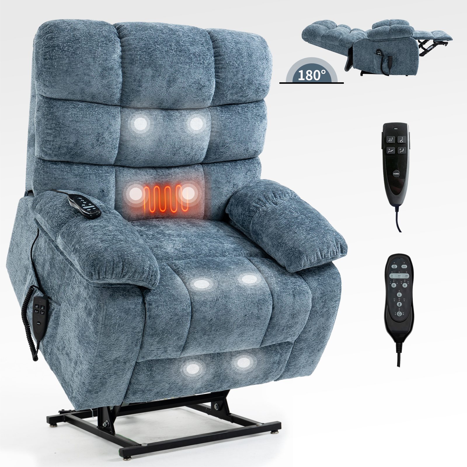 Lift Recliner Chair Heat Massage Dual Motor Infinite Position Up to 350 LBS Large Electric Power Lift Recliners with Power-Remote, Medium-firm and Heavy duty, Blue/Grey