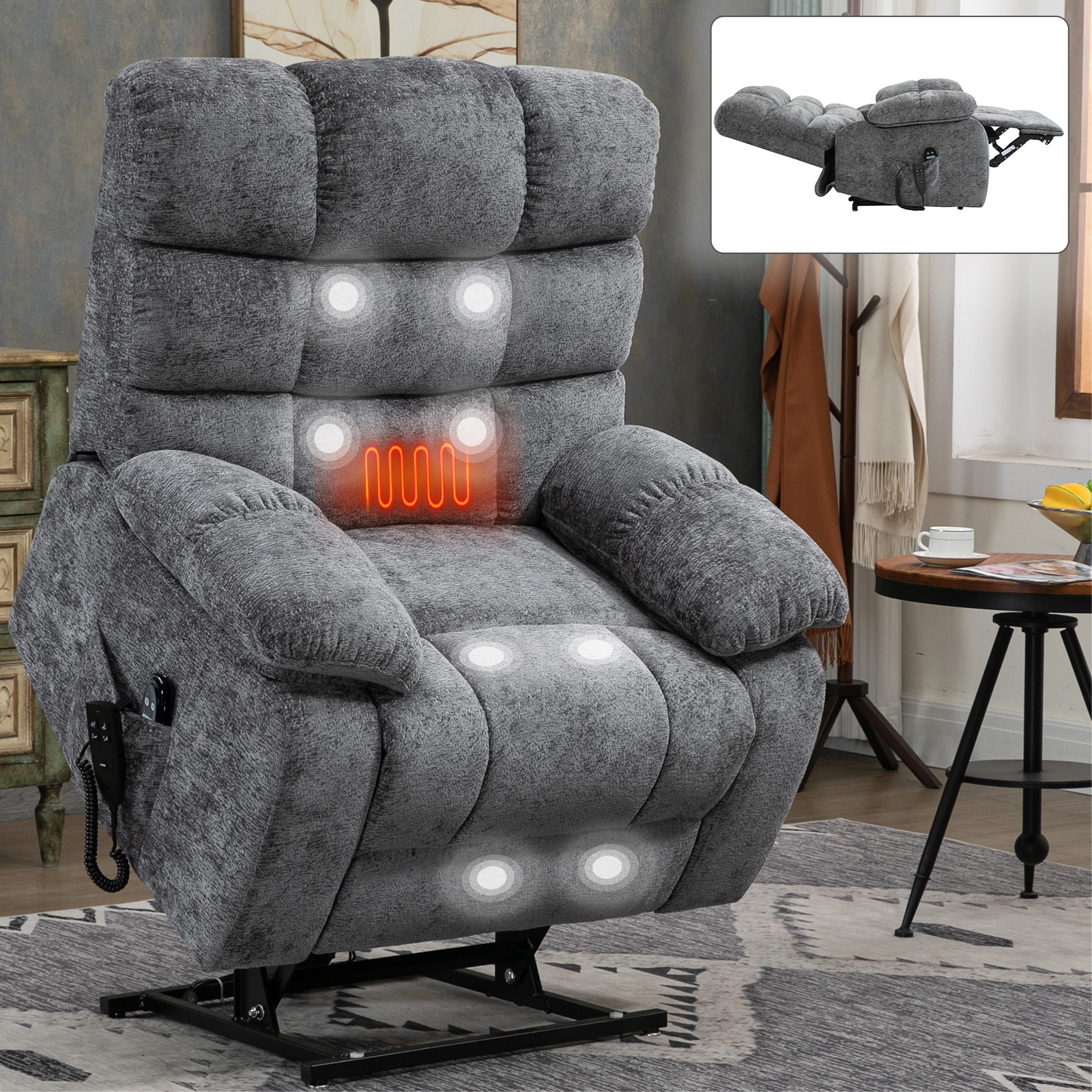 Lift Recliner Chair Heat Massage Dual Motor Infinite Position Up to 350 LBS Large Electric Power Lift Recliners with Power-Remote, Medium-firm and Heavy duty, Blue/Grey