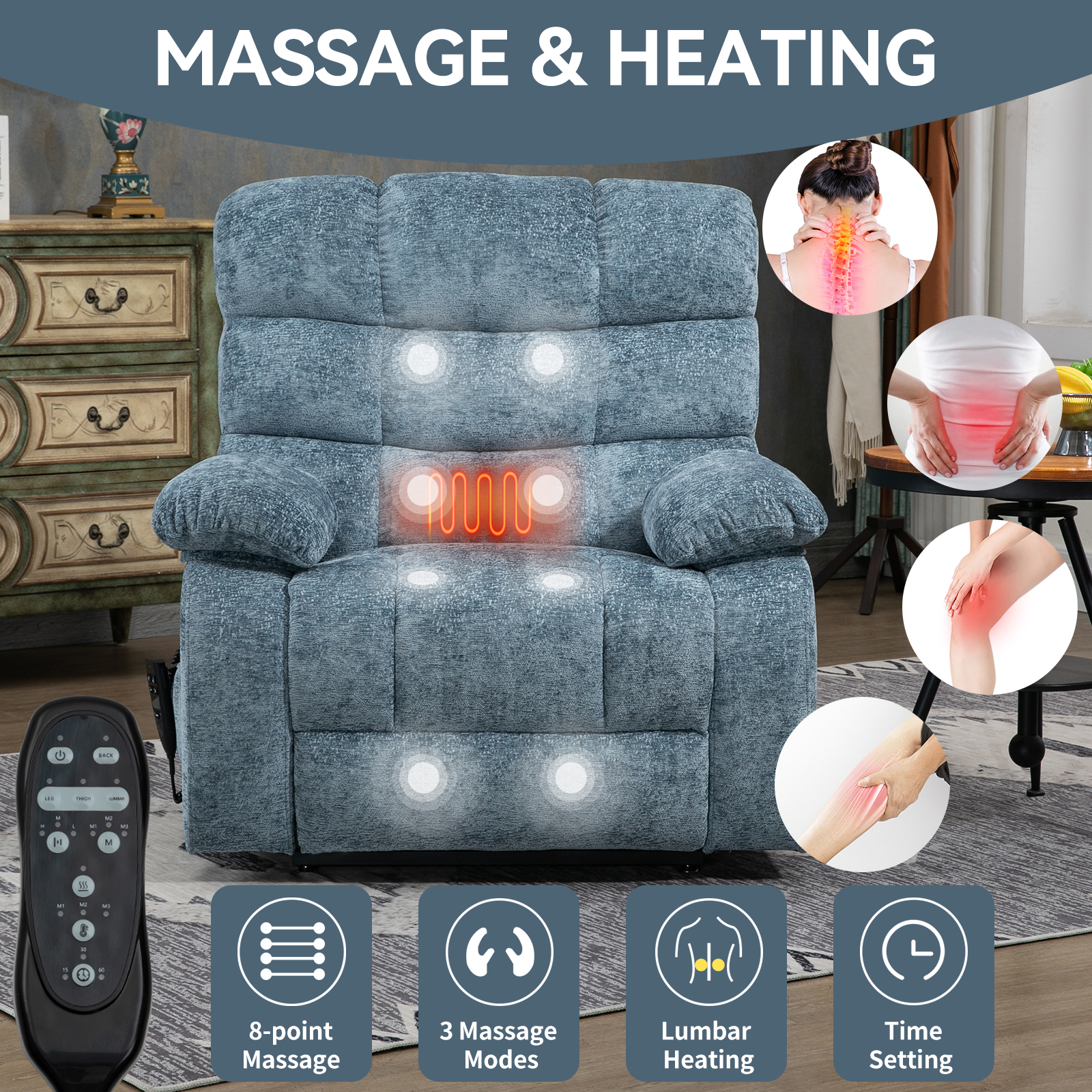 Lift Recliner Chair Heat Massage Dual Motor Infinite Position Up to 350 LBS Large Electric Power Lift Recliners with Power-Remote, Medium-firm and Heavy duty, Blue/Grey