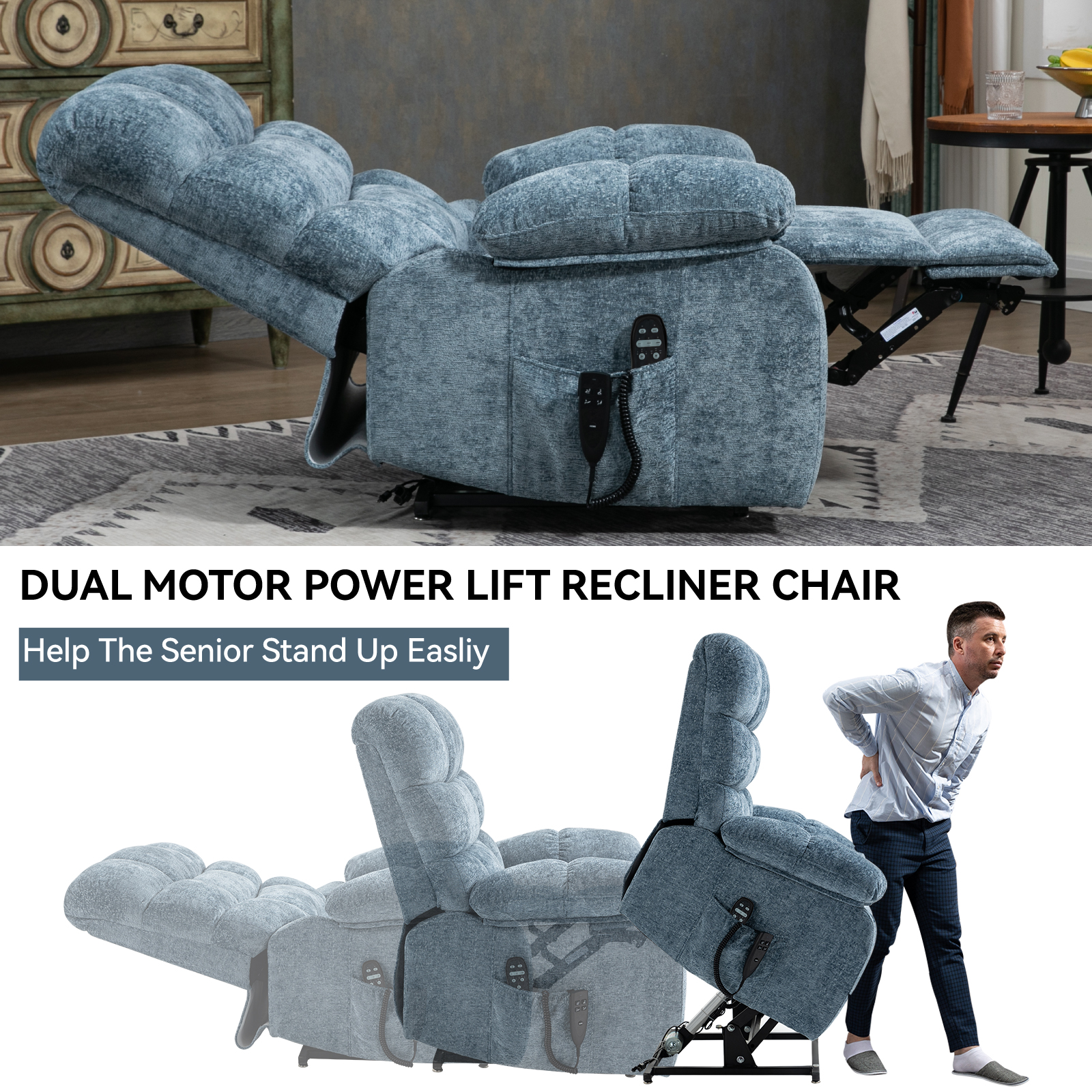 Lift Recliner Chair Heat Massage Dual Motor Infinite Position Up to 350 LBS Large Electric Power Lift Recliners with Power-Remote, Medium-firm and Heavy duty, Blue/Grey