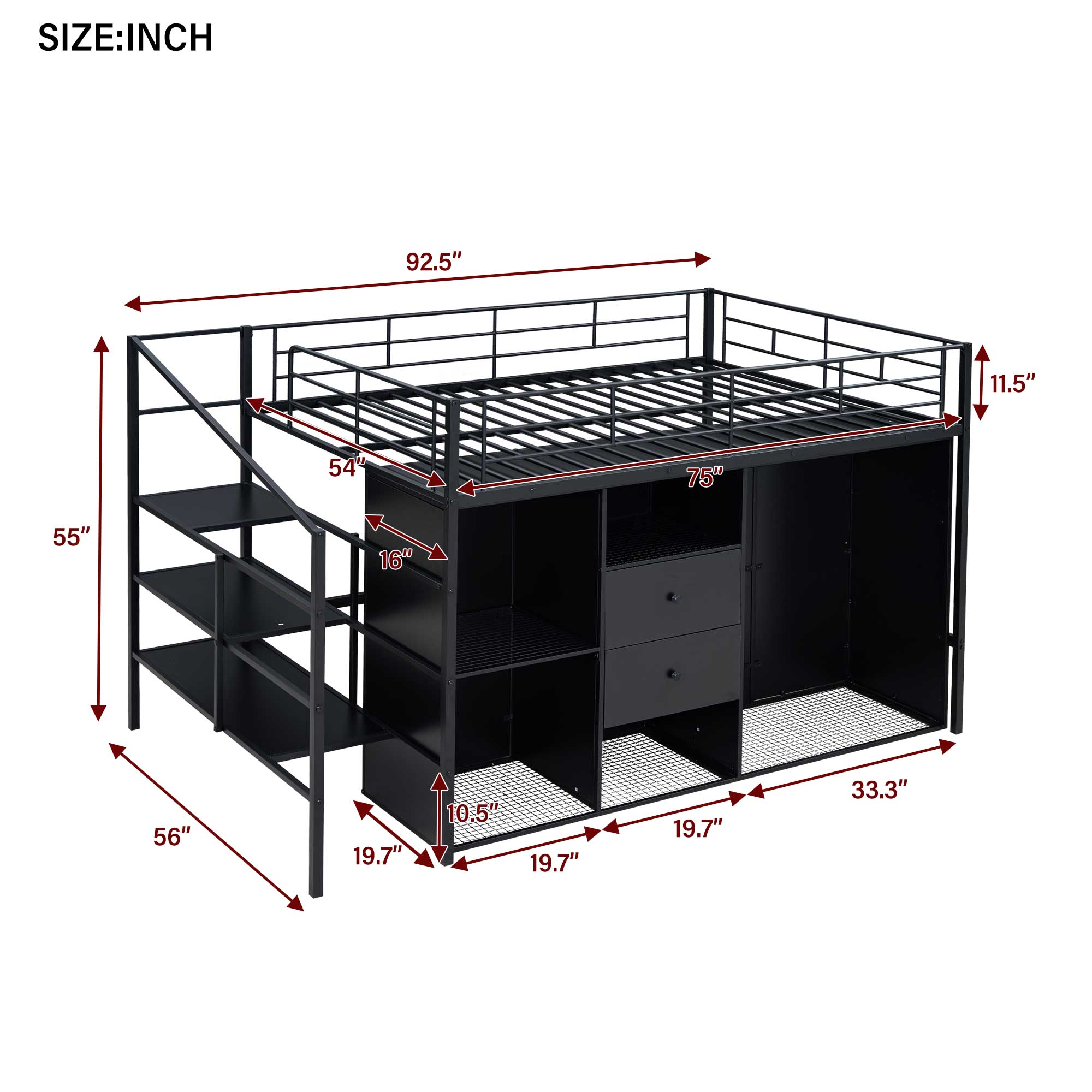 Full/Twin Size Metal Loft Bed with Drawers, Storage Staircase and Small Wardrobe
